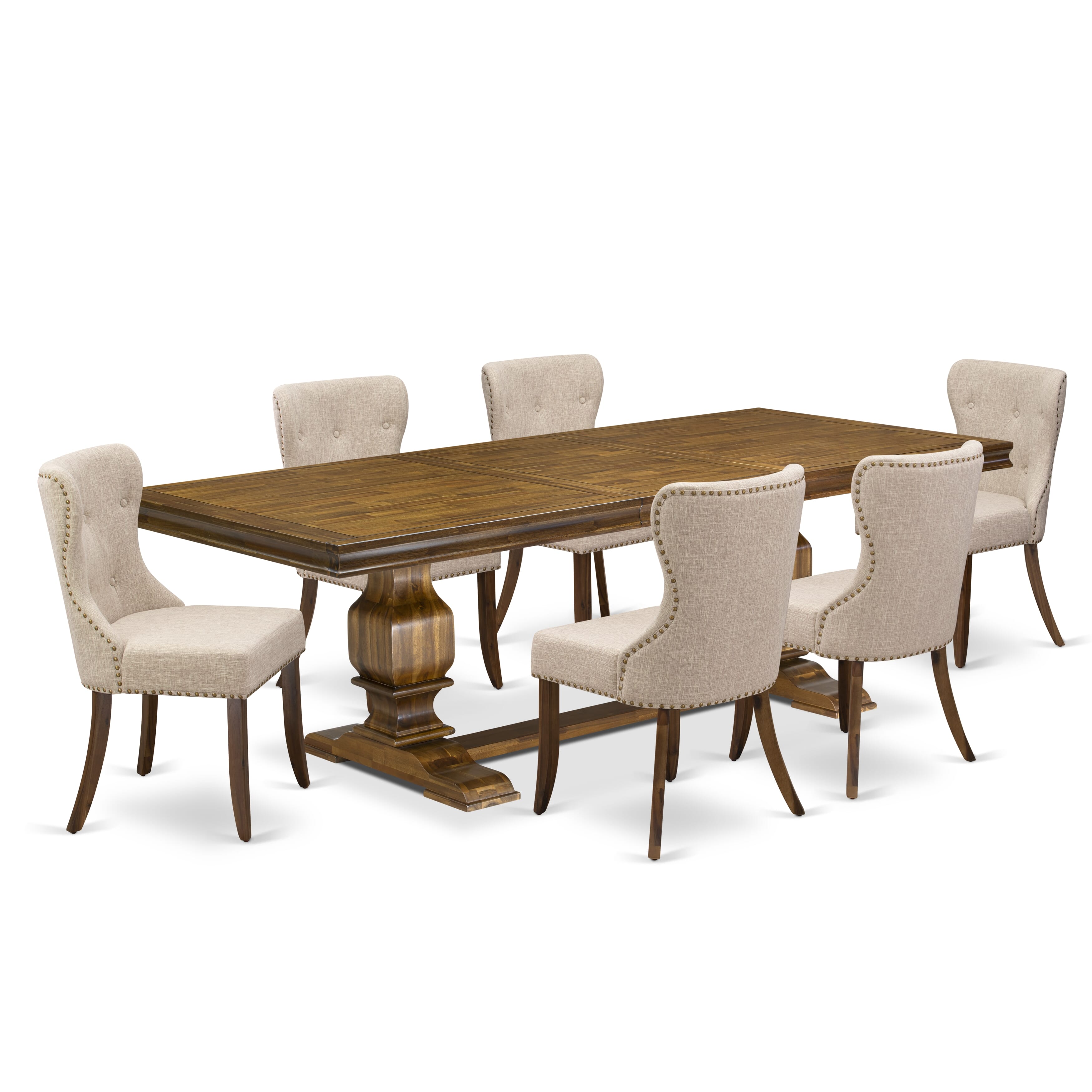 Luxe by East West Furniture - LKSI7-AWA-04 - 7-piece Modern Dining Set consists of a Wooden Table and 6 Light Tan Linen Fabric Modern Dining Chairs with Button Tufted Back - Antique Walnut Finish