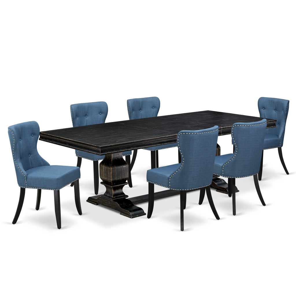Luxe by East West Furniture - LKSI7-SBB-21 - 7-piece Modern Dining Set consists of a Mid Century Table and 6 Blue Linen Fabric Parson Chairs with Button Tufted Back - Sand Blasting Black Finish