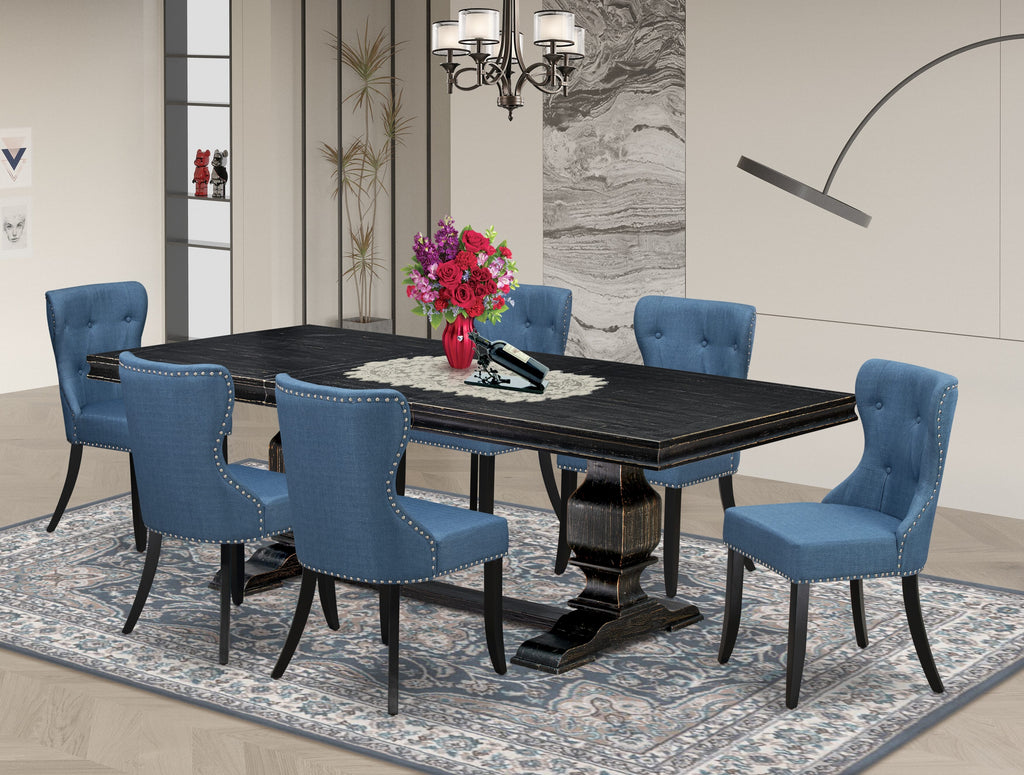 Luxe by East West Furniture - LKSI7-SBB-21 - 7-piece Modern Dining Set consists of a Mid Century Table and 6 Blue Linen Fabric Parson Chairs with Button Tufted Back - Sand Blasting Black Finish