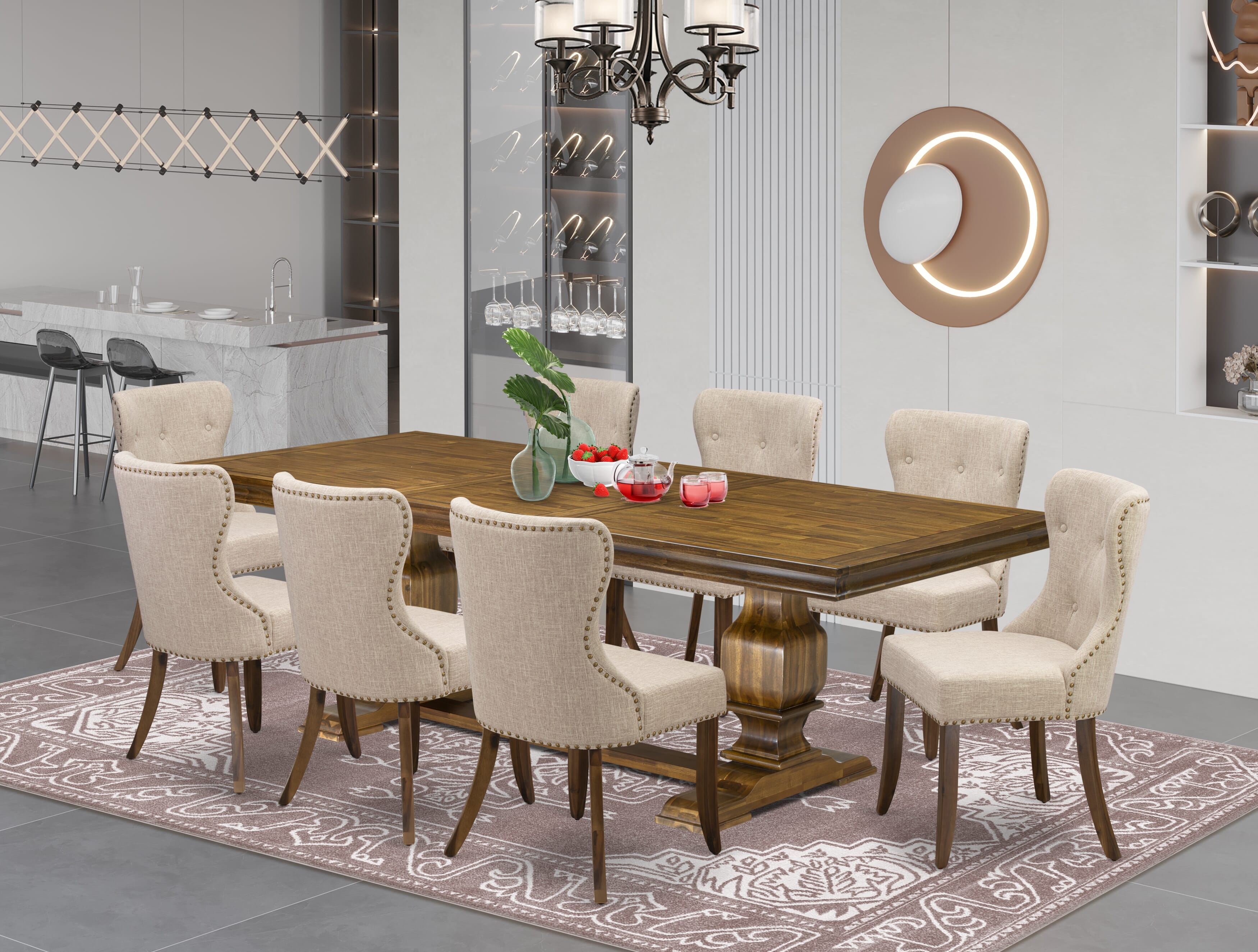 Luxe by East West Furniture - LKSI9-AWA-04 - 9-pc Kitchen Dining Set consists of a Mid Century Dining Table and 8 Light Tan Linen Fabric Dinning Chairs with Button Tufted Back - Antique Walnut Finish