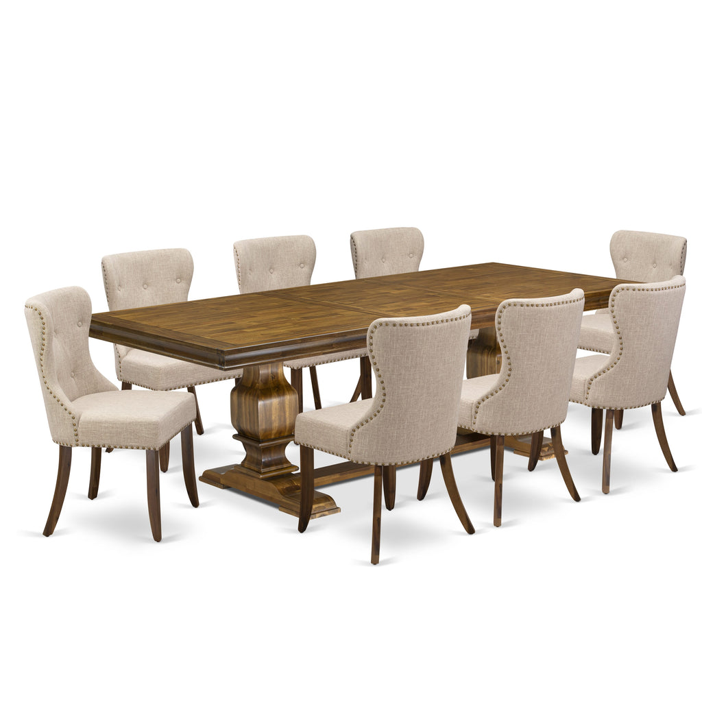 Luxe by East West Furniture - LKSI9-AWA-04 - 9-pc Kitchen Dining Set consists of a Mid Century Dining Table and 8 Light Tan Linen Fabric Dinning Chairs with Button Tufted Back - Antique Walnut Finish