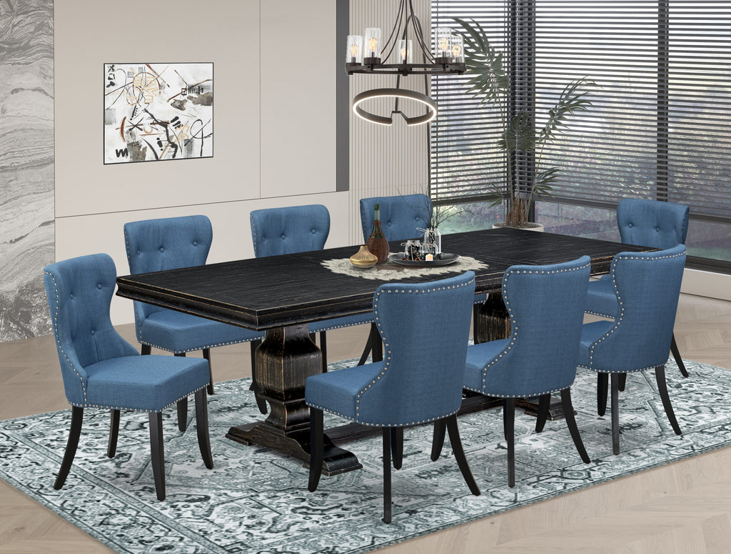 Luxe by East West Furniture - LKSI9-SBB-21 - 9-piece Mid Century Dining Set consists of a Rectangular Table and 8 Blue Linen Fabric Modern Chairs with Button Tufted Back - Sand Blasting Black Finish