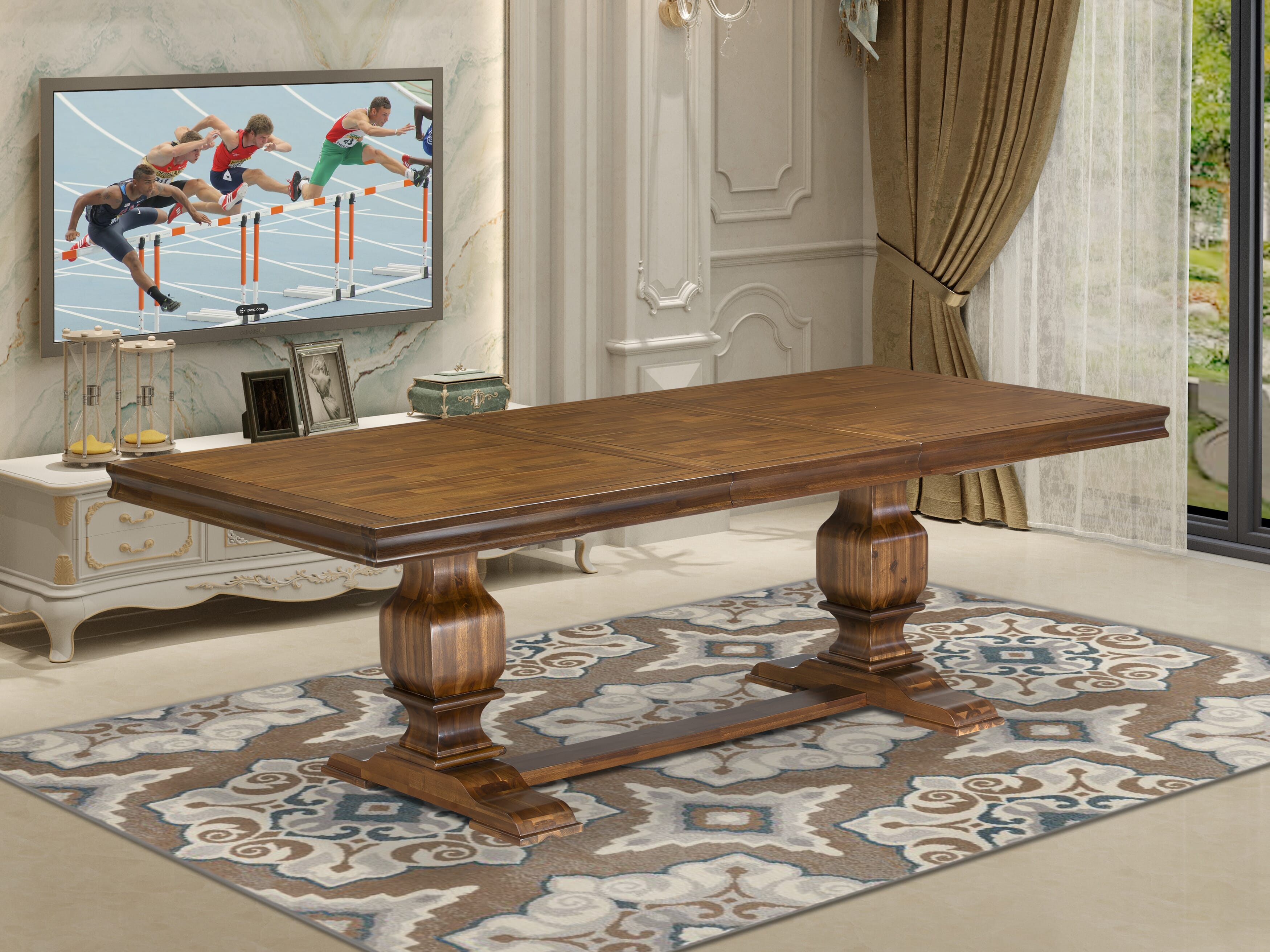 Luxe by East West Furniture LKDA7-AWA-26 7-piece Modern Dining Table Set consists of a Kitchen Table and 6 Burgundy Faux Leather Dinner Chairs with Button tufted Back - Antique Walnut Finish