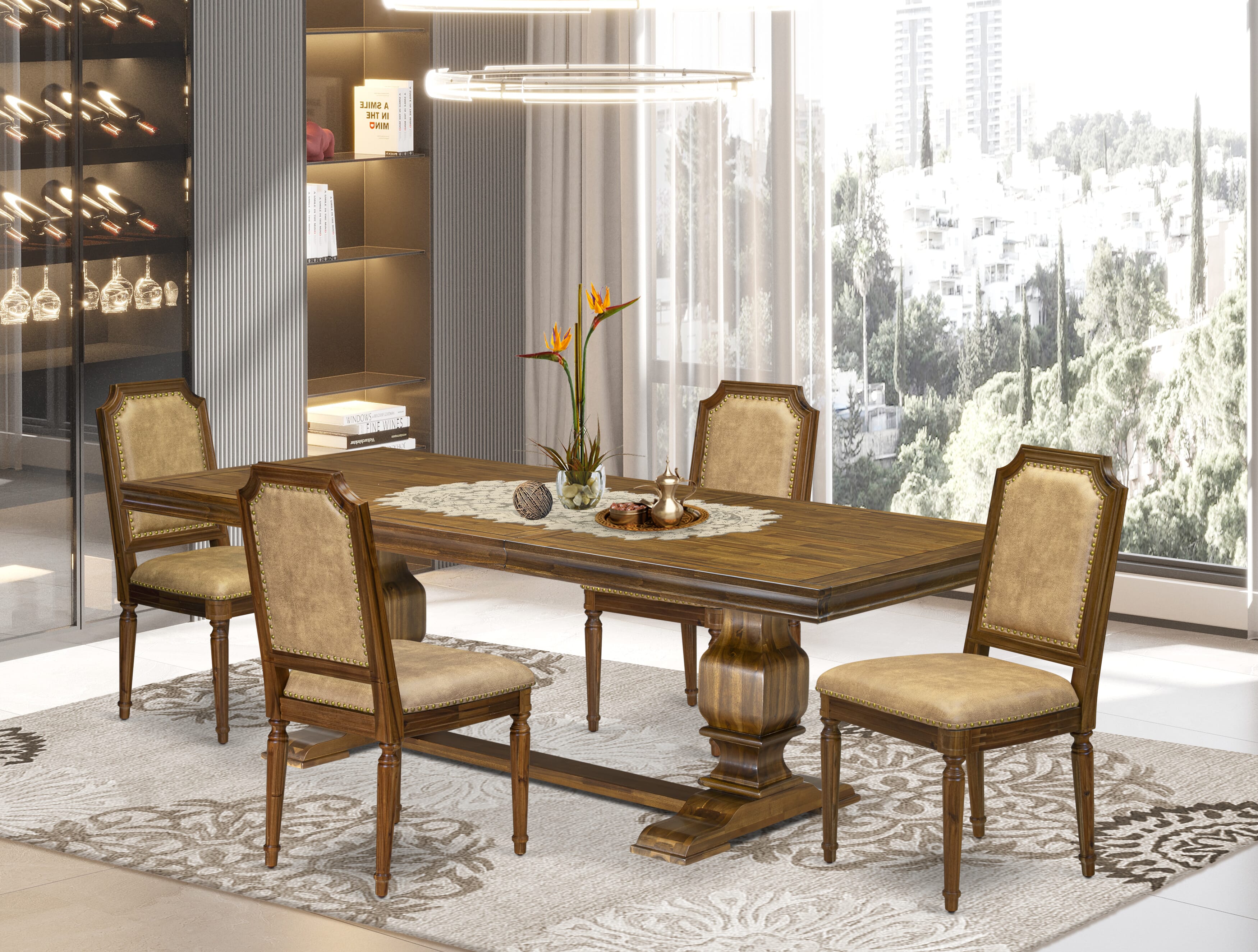 Luxe by East West Furniture LKTY5-AWA-28 5-piece Kitchen Table Set consists of a Dining Table and 4 Beige PU Leather Dinner Chairs with High Back-Antique Walnut Finish
