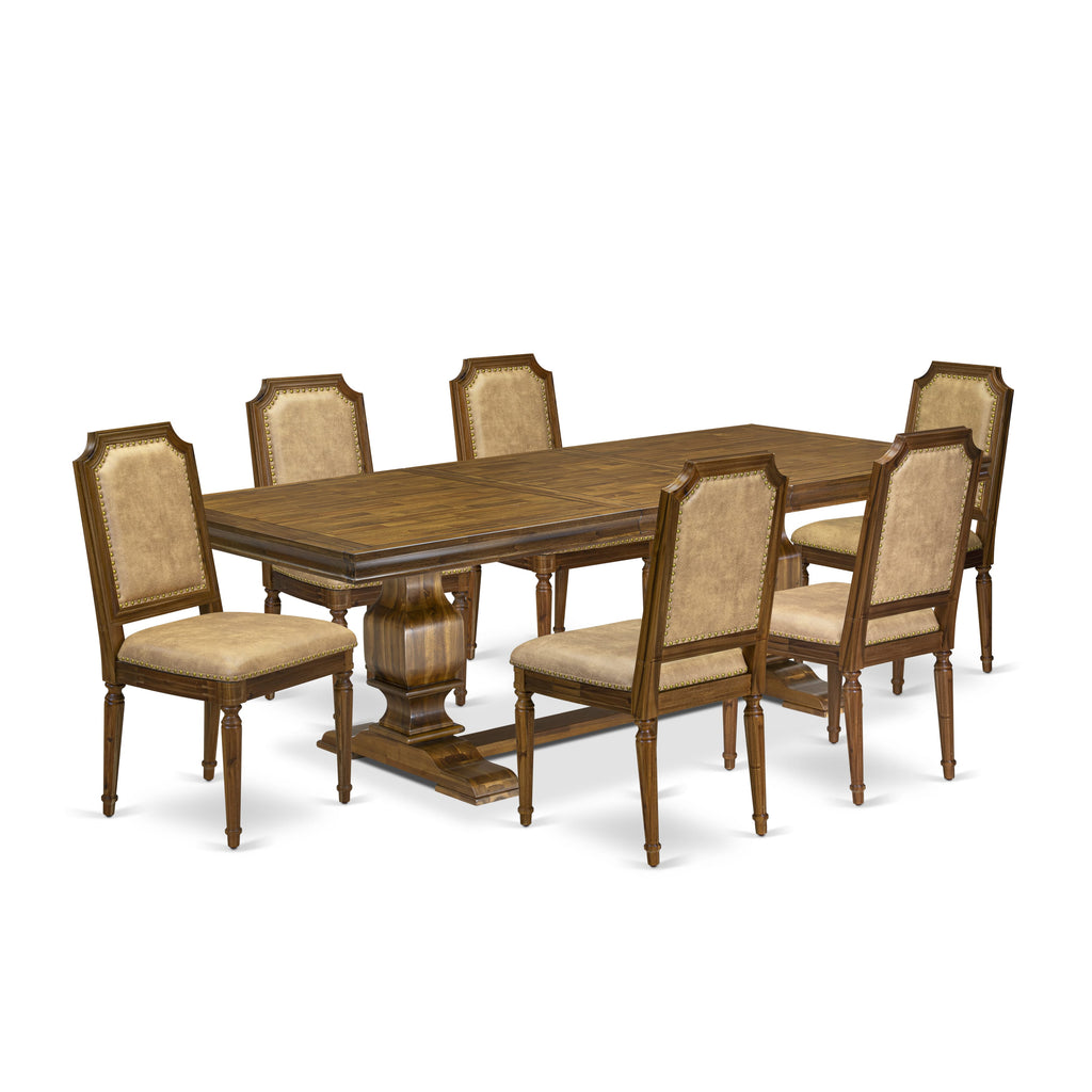 Luxe by East West Furniture LKTY7-AWA-28 7-piece Dining Table Set includes a Modern Dining Table and 6 Beige PU Leather Kitchen Chairs with High Back-Antique Walnut Finish