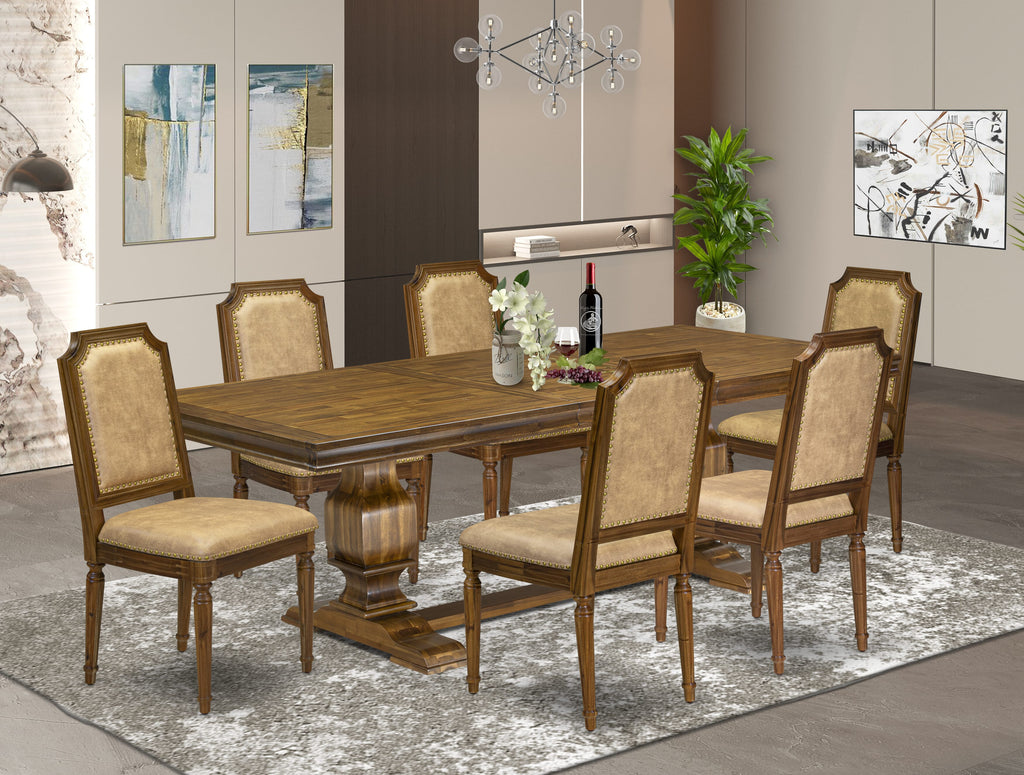 Luxe by East West Furniture LKTY7-AWA-28 7-piece Dining Table Set includes a Modern Dining Table and 6 Beige PU Leather Kitchen Chairs with High Back-Antique Walnut Finish