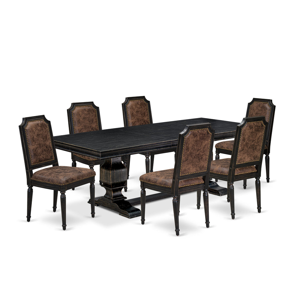 Luxe by East West Furniture LKTY7-SBB-33 7-piece Kitchen Table Set includes a Dining Table and 6 Brown Textured PU Leather Dinner Chairs with High Back-Sand Blasting Black Finish