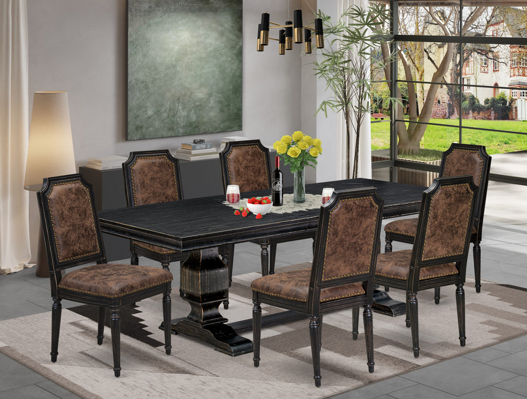 Luxe by East West Furniture LKTY7-SBB-33 7-piece Kitchen Table Set includes a Dining Table and 6 Brown Textured PU Leather Dinner Chairs with High Back-Sand Blasting Black Finish