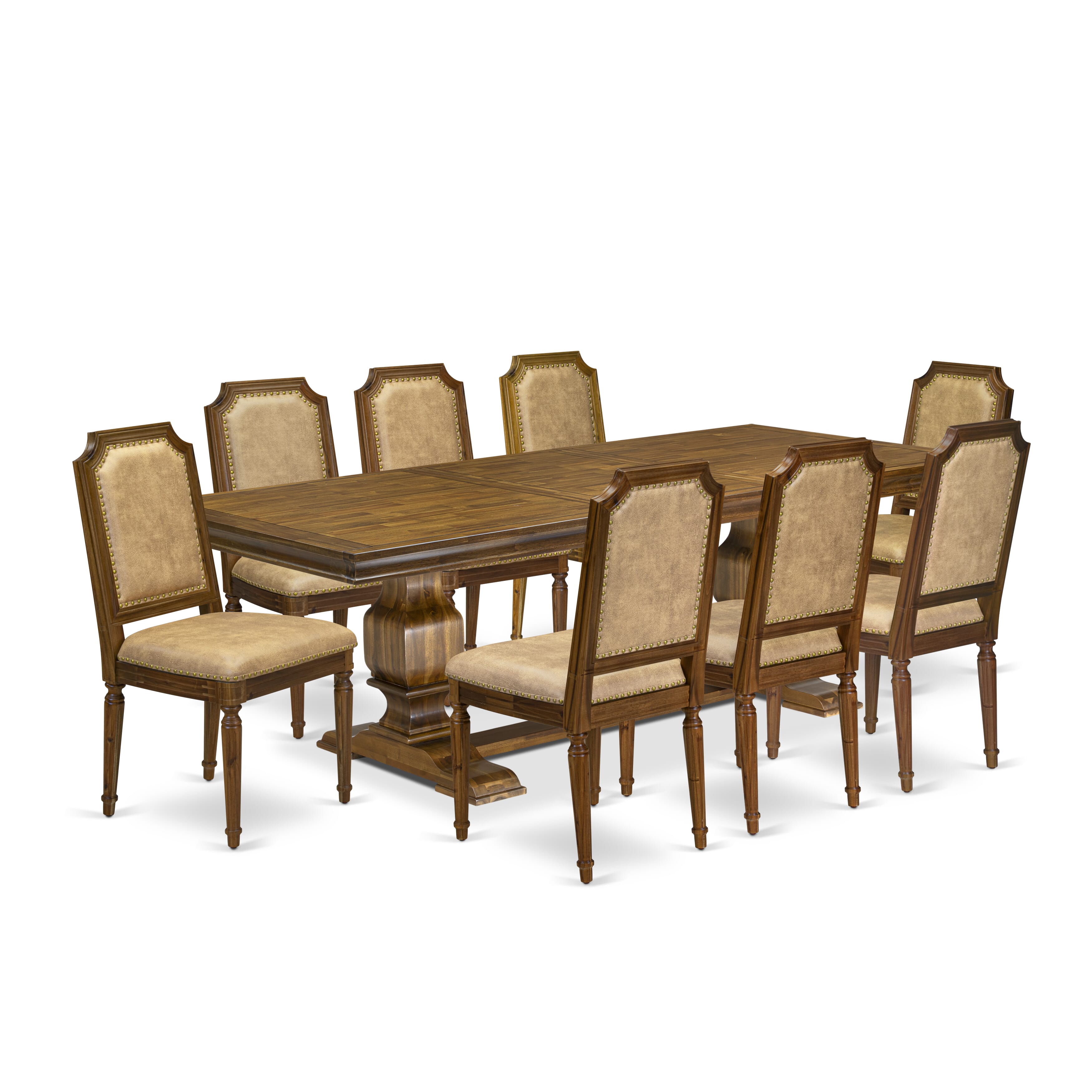 Luxe by East West Furniture LKTY9-AWA-28 9-piece Dining Room Set consists of a Dining Table and 8 Beige PU Leather Kitchen Chairs with High Back-Antique Walnut Finish