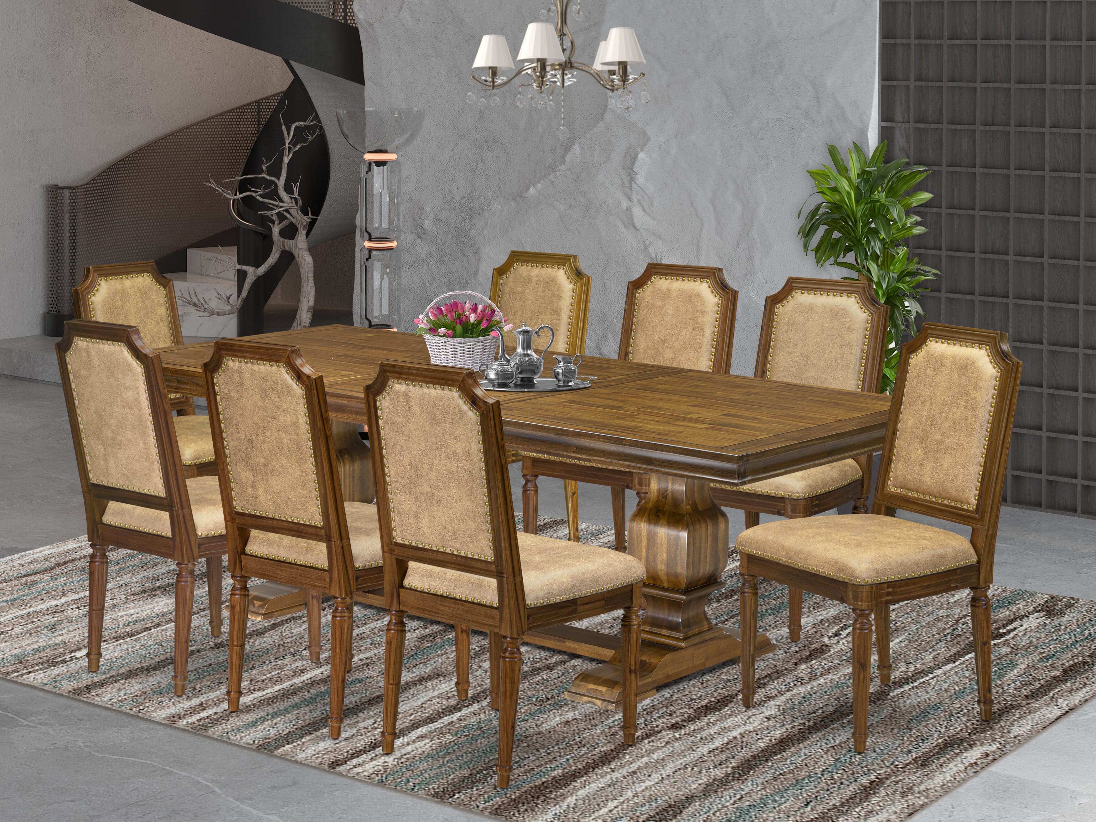 Luxe by East West Furniture LKTY9-AWA-28 9-piece Dining Room Set consists of a Dining Table and 8 Beige PU Leather Kitchen Chairs with High Back-Antique Walnut Finish