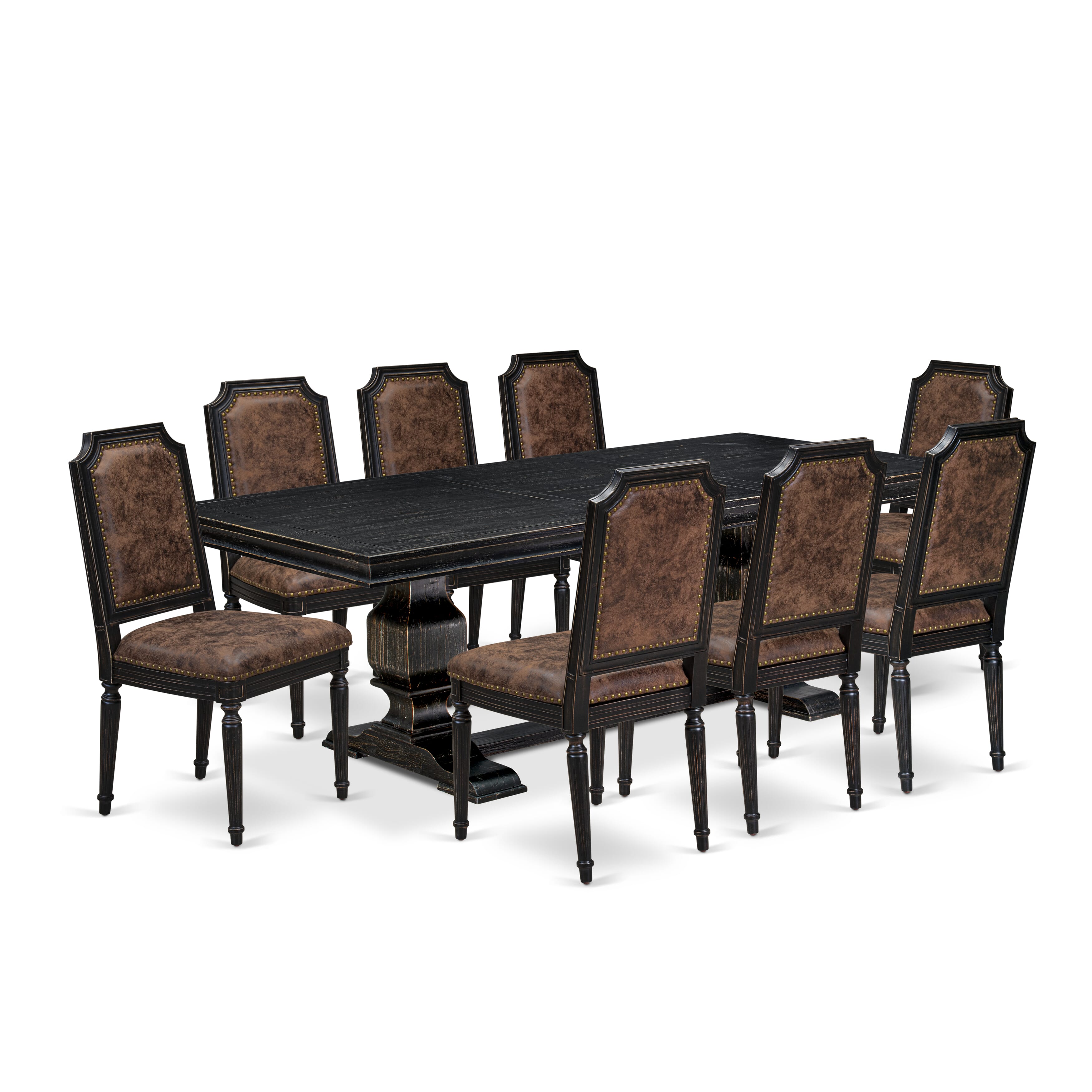 Luxe by East West Furniture LKTY9-SBB-33 9-piece Dining Table Set consists of a Kitchen Table and 8 Brown Textured PU Leather Dining Chairs with High Back-Sand Blasting Black Finish