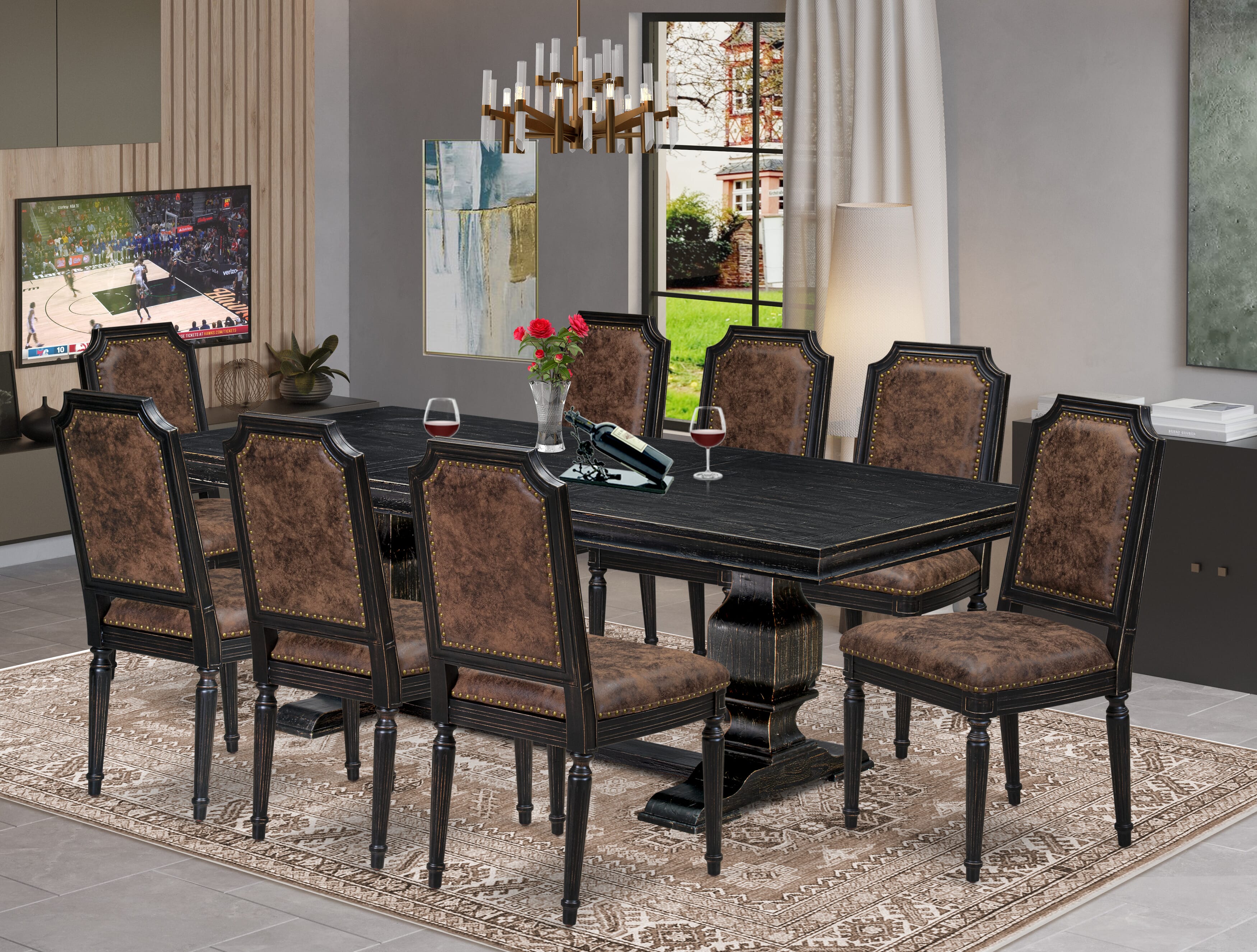 Luxe by East West Furniture LKTY9-SBB-33 9-piece Dining Table Set consists of a Kitchen Table and 8 Brown Textured PU Leather Dining Chairs with High Back-Sand Blasting Black Finish