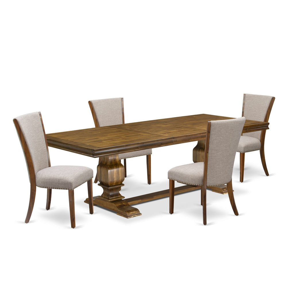 Luxe by East West Furniture LKVE5-AWA-04 5-piece Kitchen Table Set consists of a Dining Table and 4 Light Tan Linen Fabric Dinner Chairs with Button tufted Back - Antique Walnut Finish