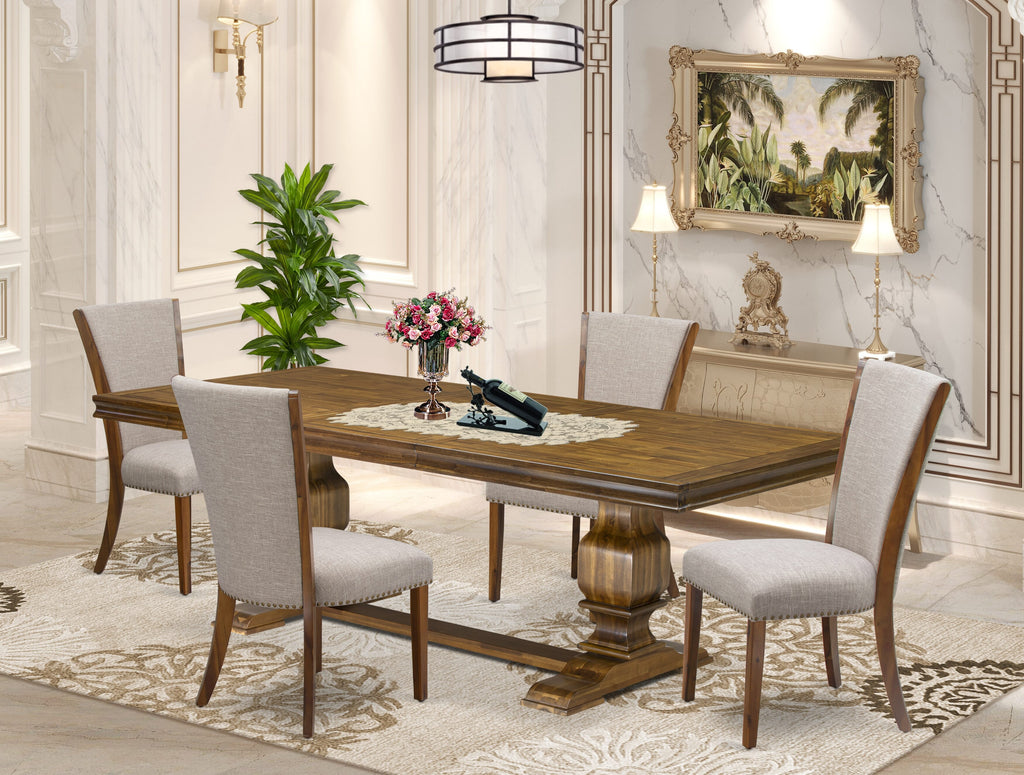 Luxe by East West Furniture LKVE5-AWA-04 5-piece Kitchen Table Set consists of a Dining Table and 4 Light Tan Linen Fabric Dinner Chairs with Button tufted Back - Antique Walnut Finish