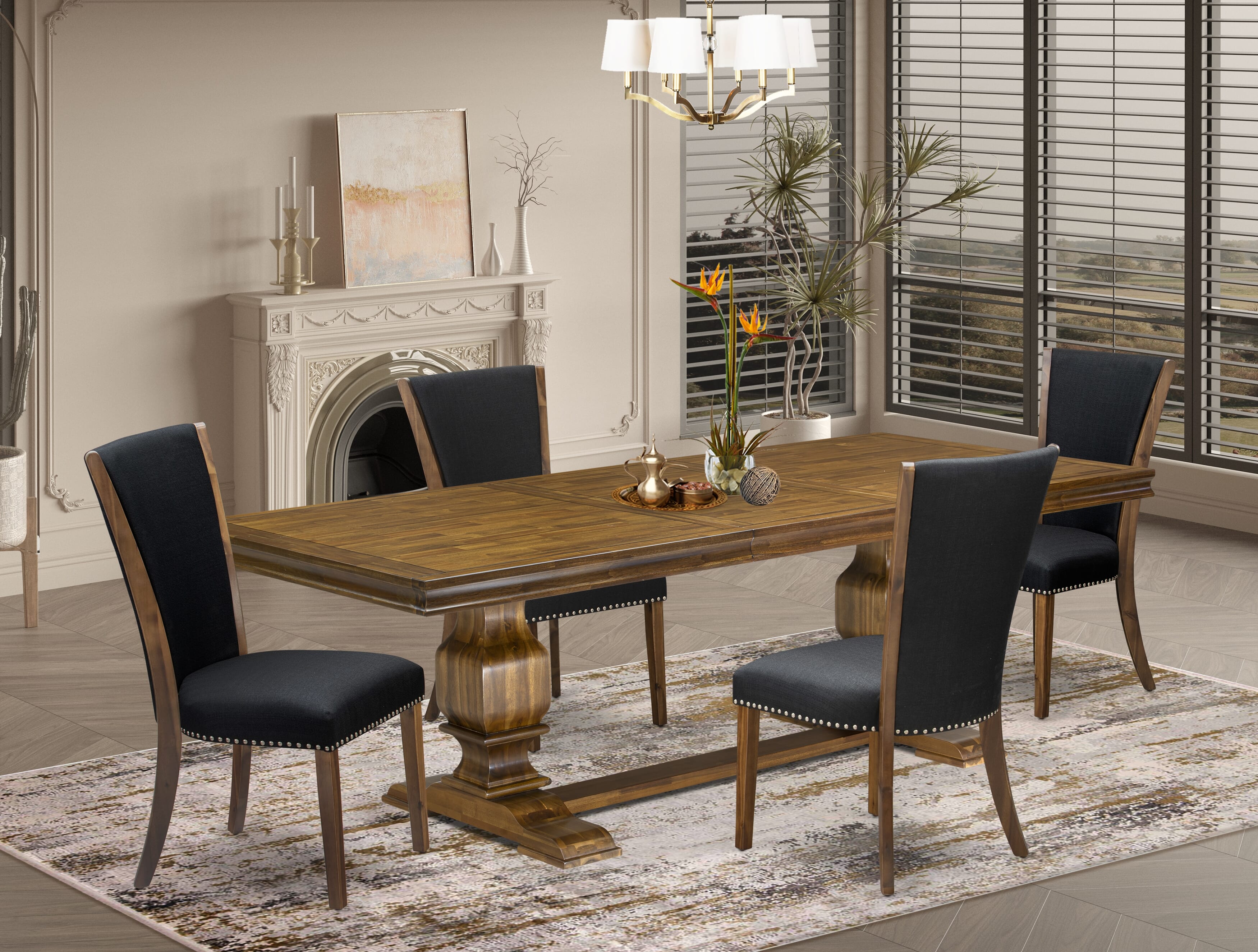 Luxe by East West Furniture LKVE5-AWA-24 5-piece Kitchen Table Set consists of a Dining Table and 4 Black Linen Fabric Dining Chairs with Button tufted Back - Antique Walnut Finish