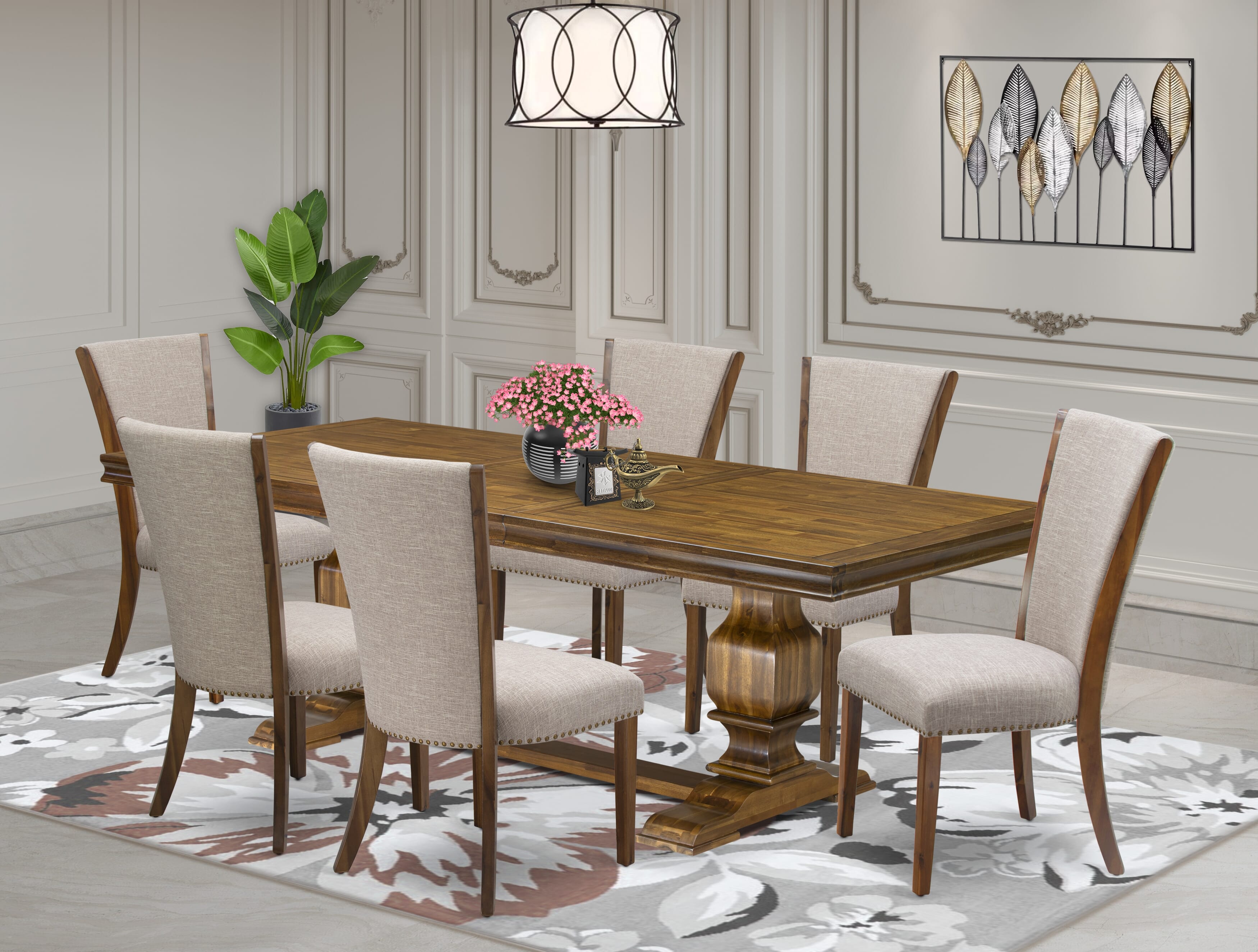 Luxe by East West Furniture LKVE7-AWA-04 7-piece Modern Dining Table Set includes a Kitchen Table and 6 Light Tan Linen Fabric Dinner Chairs with Button tufted Back - Antique Walnut Finish