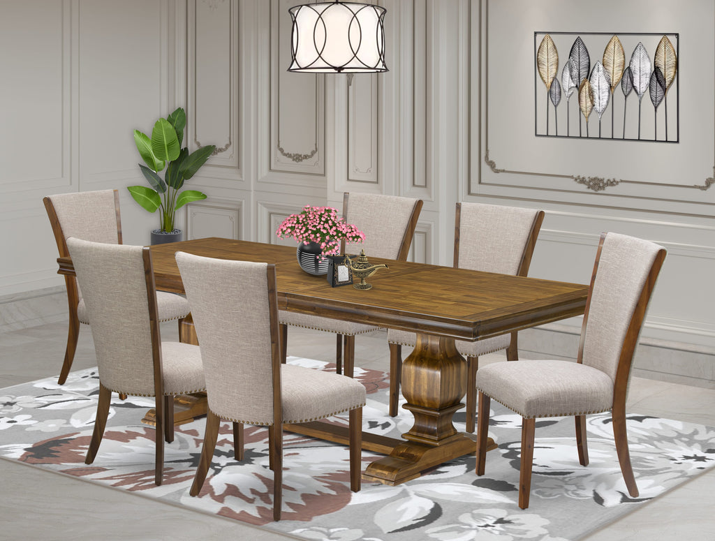 Luxe by East West Furniture LKVE7-AWA-04 7-piece Modern Dining Table Set includes a Kitchen Table and 6 Light Tan Linen Fabric Dinner Chairs with Button tufted Back - Antique Walnut Finish
