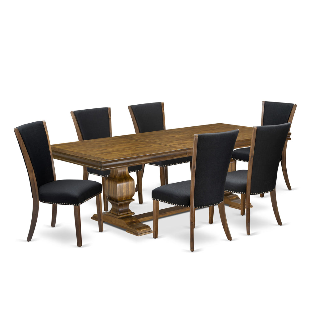 Luxe by East West Furniture LKVE7-AWA-24 7-piece Mid-Century Dining Table Set consists of a Kitchen Table and 6 Black Linen Fabric Dinner Chairs with Button tufted Back - Antique Walnut Finish