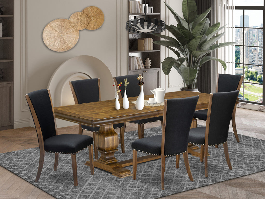 Luxe by East West Furniture LKVE7-AWA-24 7-piece Mid-Century Dining Table Set consists of a Kitchen Table and 6 Black Linen Fabric Dinner Chairs with Button tufted Back - Antique Walnut Finish