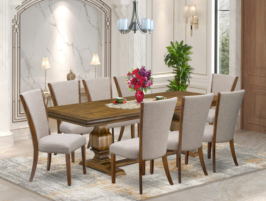 Luxe by East West Furniture LKVE9-AWA-04 9-piece Dining Table Set consists of a Kitchen Table and 8 Light Tan Linen Fabric Dining room Chairs with Button tufted Back - Antique Walnut Finish