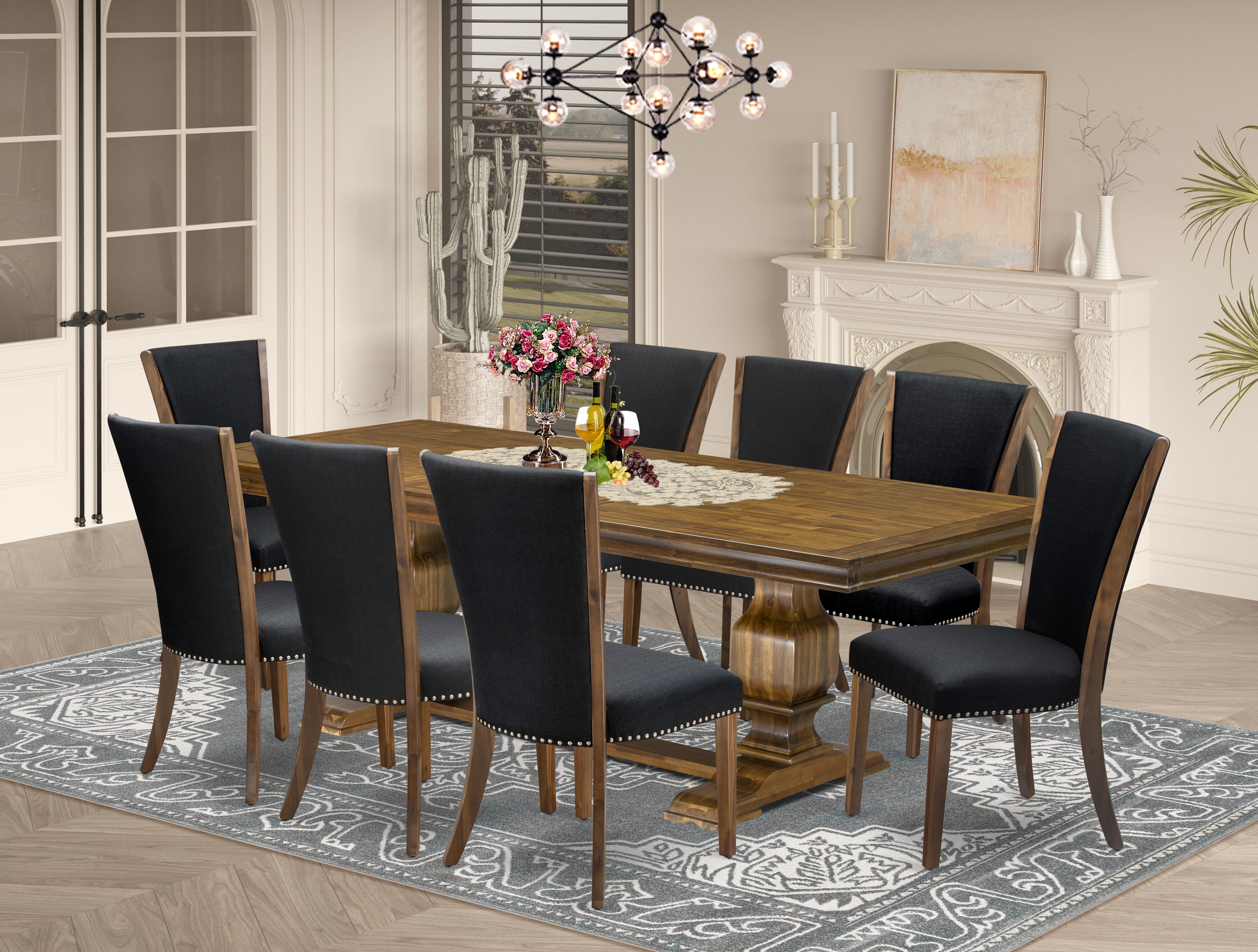 Luxe by East West Furniture LKVE9-AWA-24 9-piece Dining Table Set includes a Kitchen Table and 8 Black Linen Fabric Dining Chairs with Button tufted Back - Antique Walnut Finish