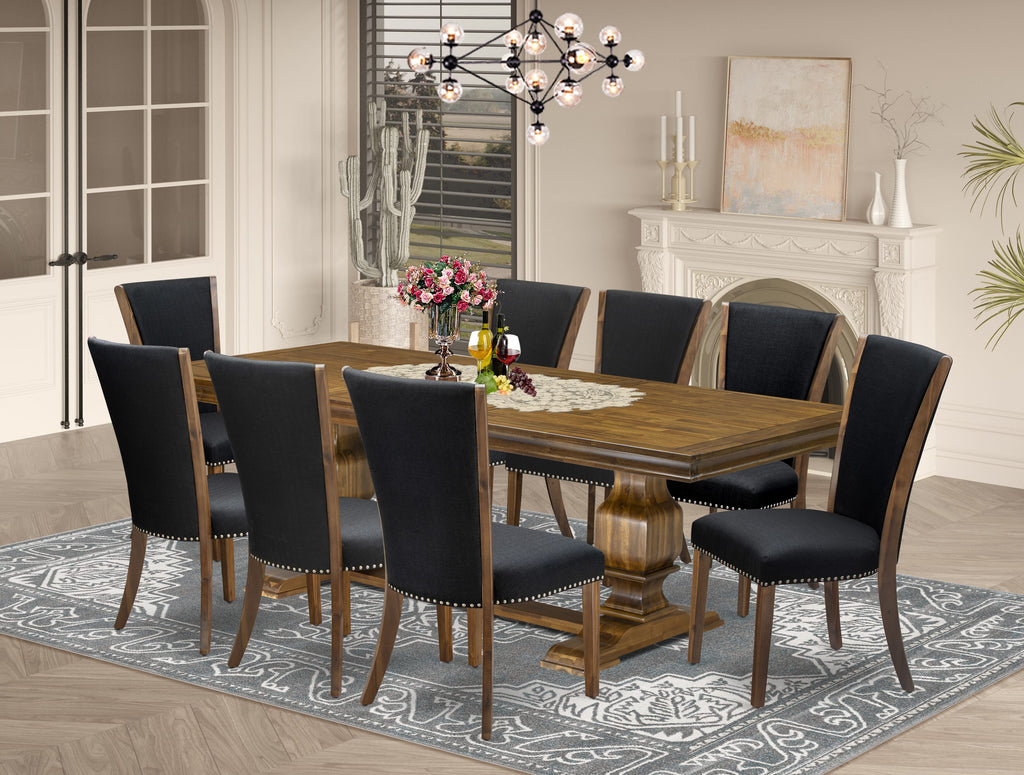 Luxe by East West Furniture LKVE9-AWA-24 9-piece Dining Table Set includes a Kitchen Table and 8 Black Linen Fabric Dining Chairs with Button tufted Back - Antique Walnut Finish