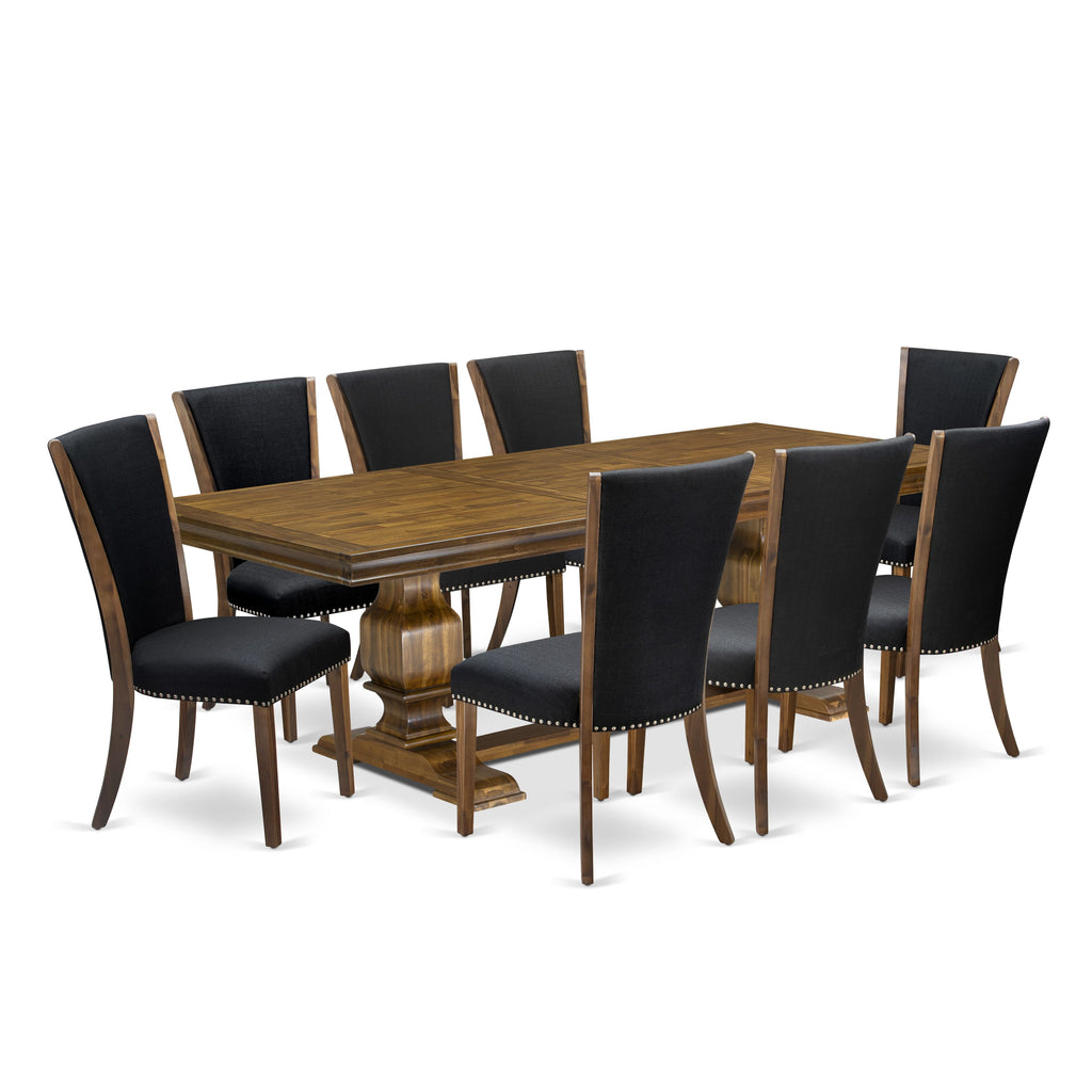 Luxe by East West Furniture LKVE9-AWA-24 9-piece Dining Table Set includes a Kitchen Table and 8 Black Linen Fabric Dining Chairs with Button tufted Back - Antique Walnut Finish