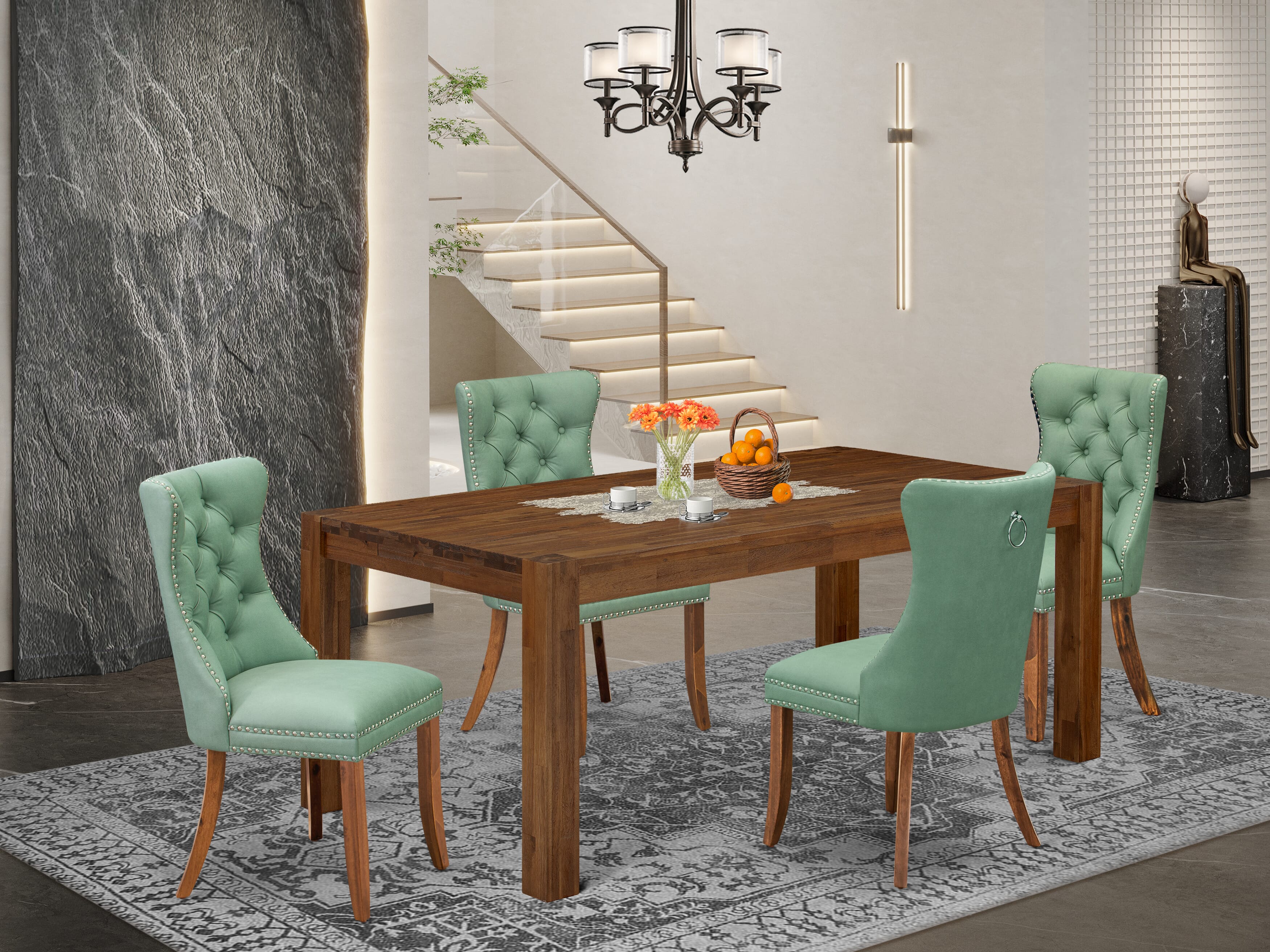 East West Furniture LMDA5-0N-T22 5 Piece Dining Table Set Includes a Rectangle Rustic Wood Table and 4 Upholstered Parson Chairs, 40x72 Inch, Sandblasting Antique Walnut