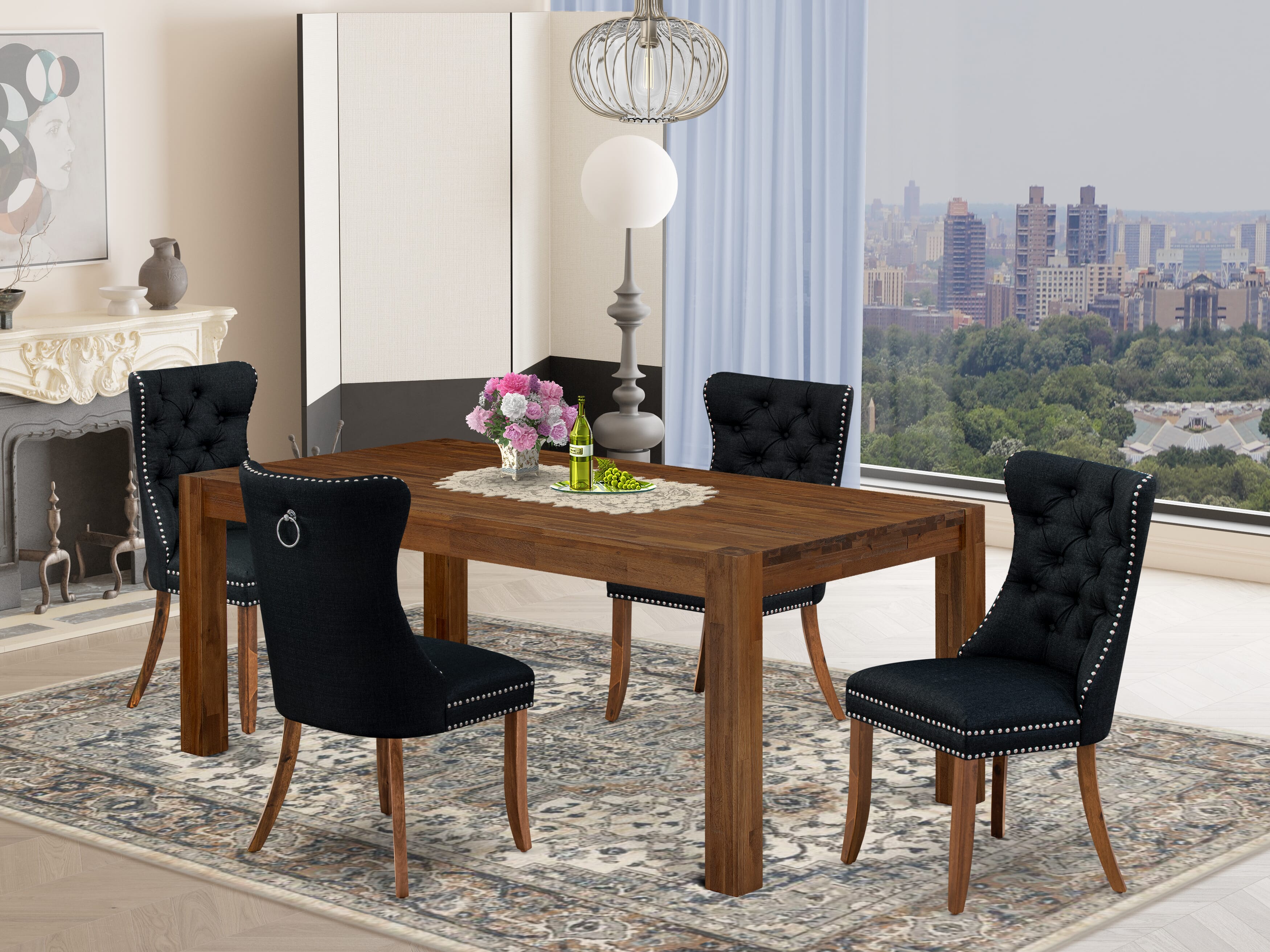 East West Furniture LMDA5-0N-T24 5 Piece Kitchen Table Set Includes a Rectangle Rustic Wood Dining Table and 4 Upholstered Chairs, 40x72 Inch, Sandblasting Antique Walnut