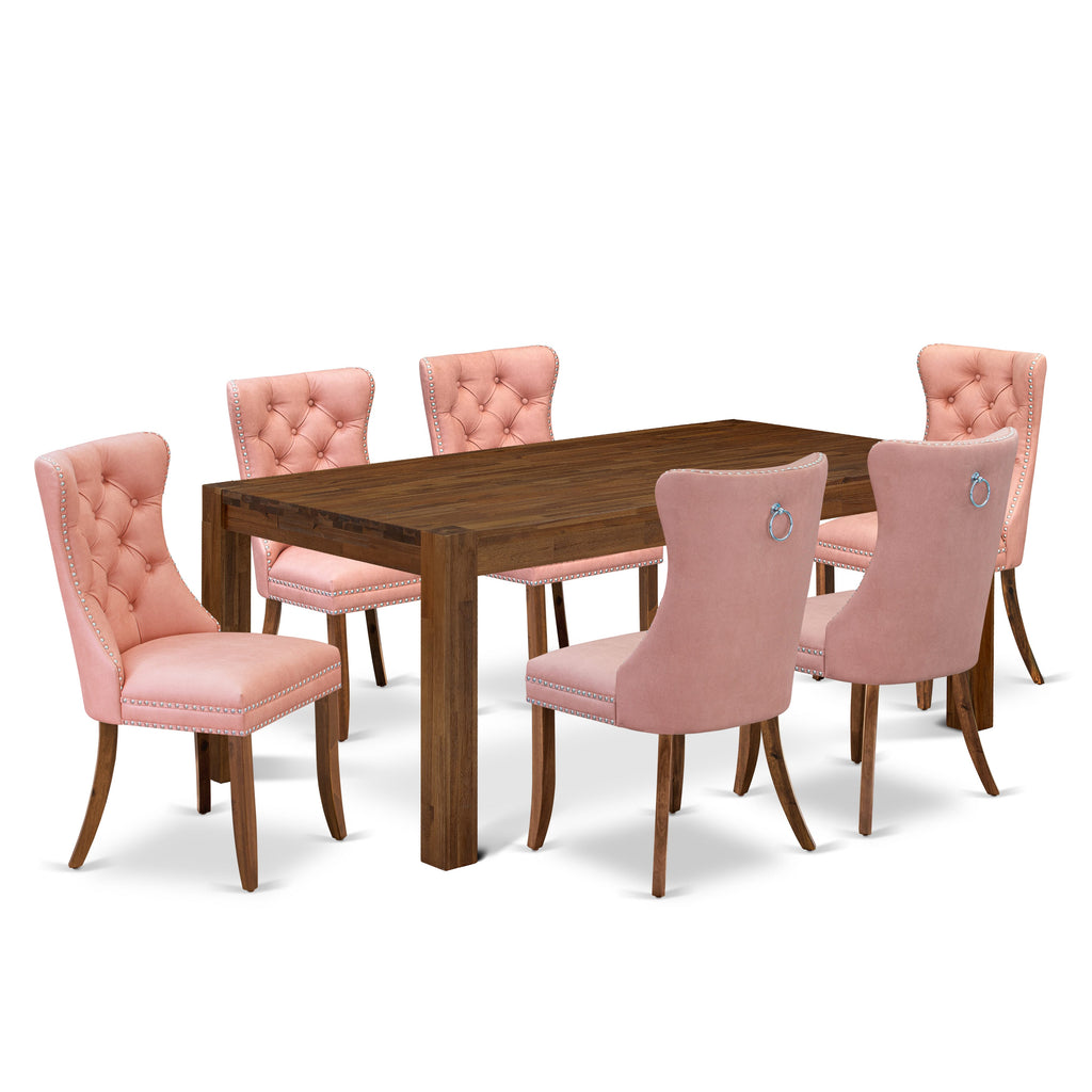 East West Furniture LMDA7-0N-T23 7 Piece Dinette Set Contains a Rectangle Rustic Wood Kitchen Table and 6 Parsons Dining Chairs, 40x72 Inch, Sandblasting Antique Walnut