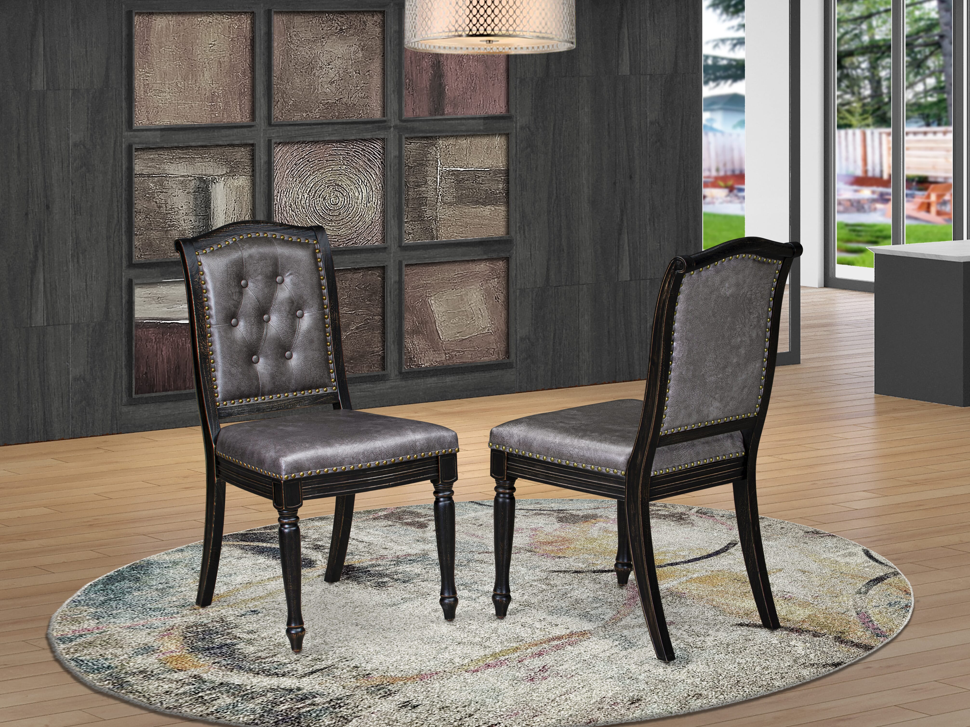 Luxe by East West Furniture - LKMA9-SBB-34 - 9-piece Modern Dining Table Set consists of a Wood Table and 8 Dark Grey PU Leather Dinning Chairs with Button Tufted Back - Sand Blasting Black Finish