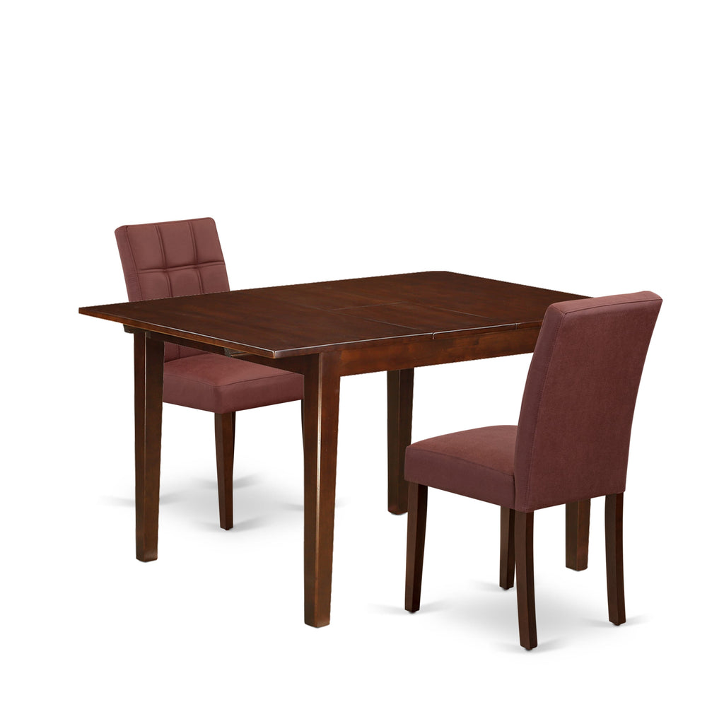 East West Furniture MLAS3-MAH-26 3 Piece Mid Century Dining Set consists A Wooden Table and 2 Burgundy Faux Leather Mid Century Modern Dining Chairs, Mahogany