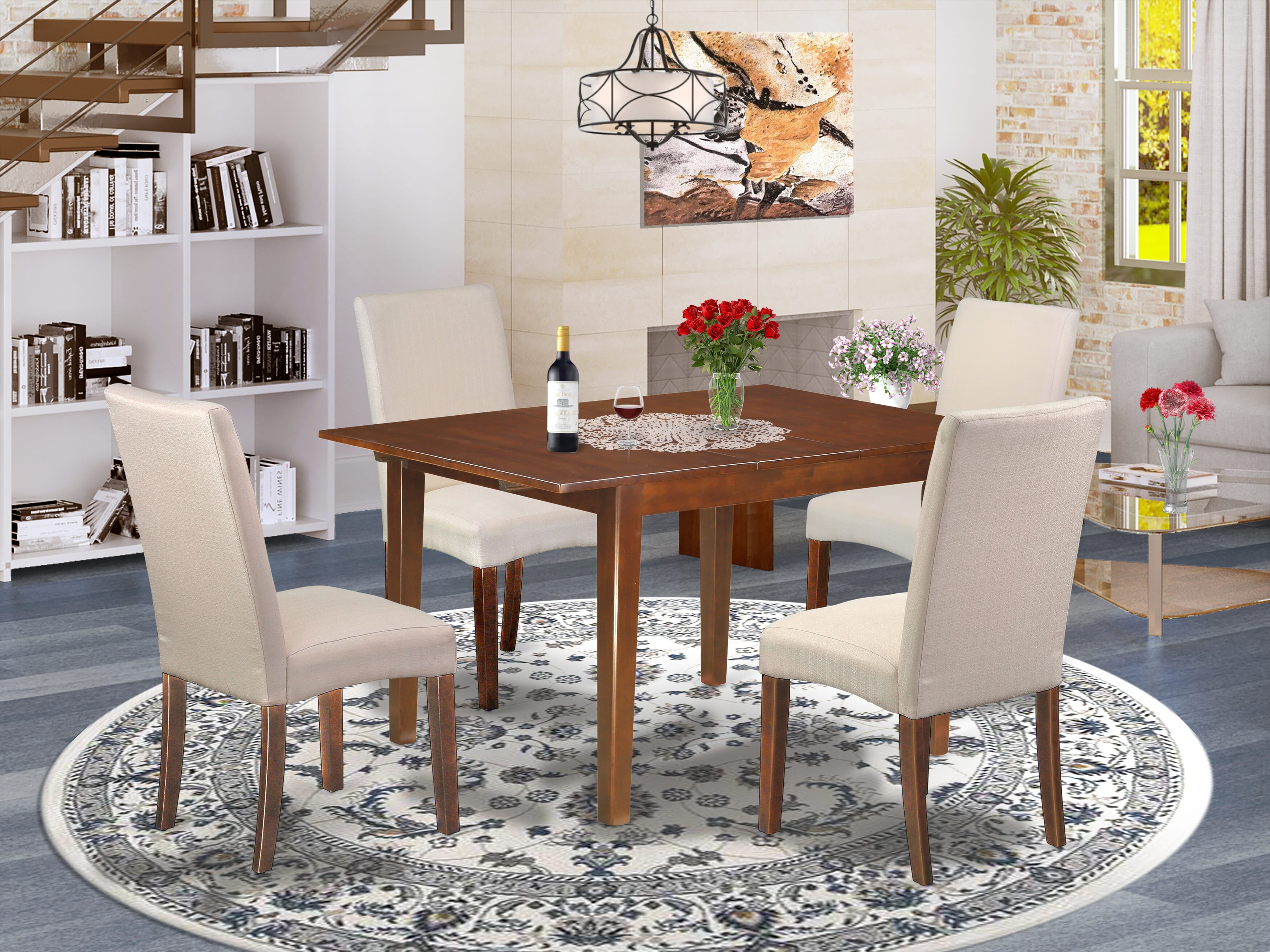 MLDR5-MAH-01 5Pc Rectangular 42/54" Dining Room Table With 12 In Self Storing Butterfly Leaf And Four Parson Chair With Mahogany Finish Leg And Linen Fabric- Cream Color