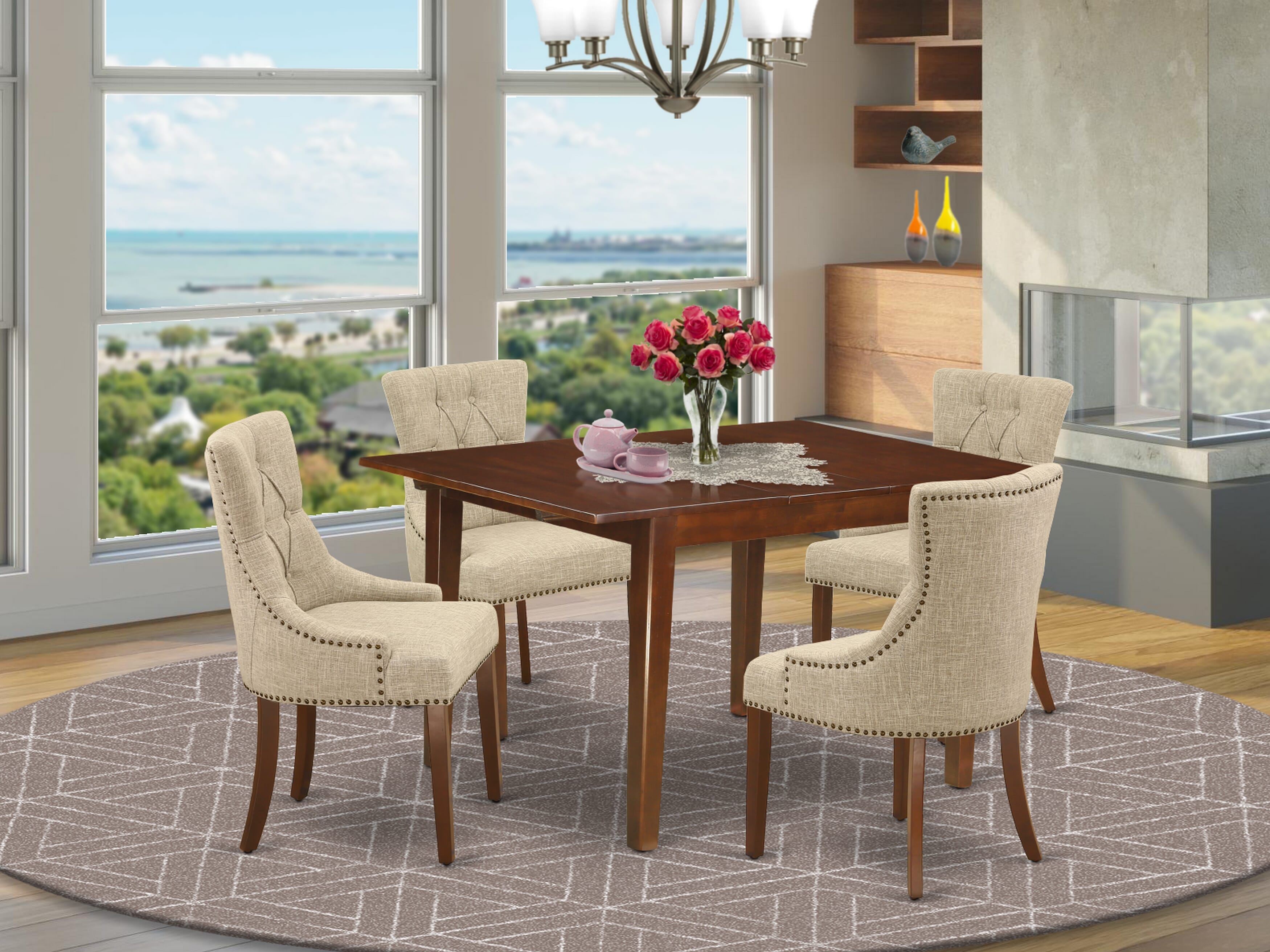 MLFR5-MAH-05 5Pc Dining Set Includes a Rectangle Dinette Table with Butterfly Leaf and Four Parson Chairs with Doeskin Fabric, Mahogany Finish