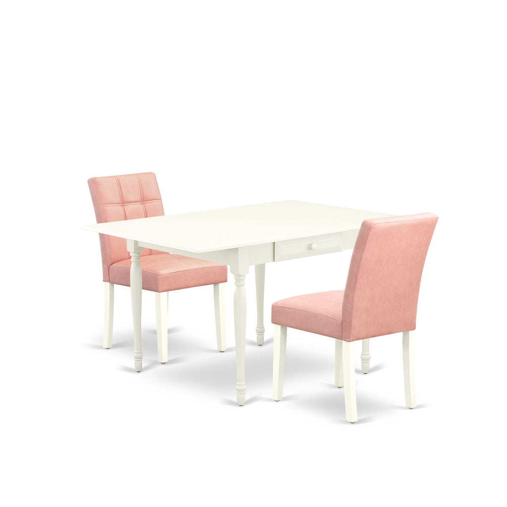 East West Furniture MZAS3-LWH-42 3 Piece Dinner Table Set contain A Dining Table and 2 Beige Red Faux Leather Padded Chairs with Stylish Back- Linen White Finish