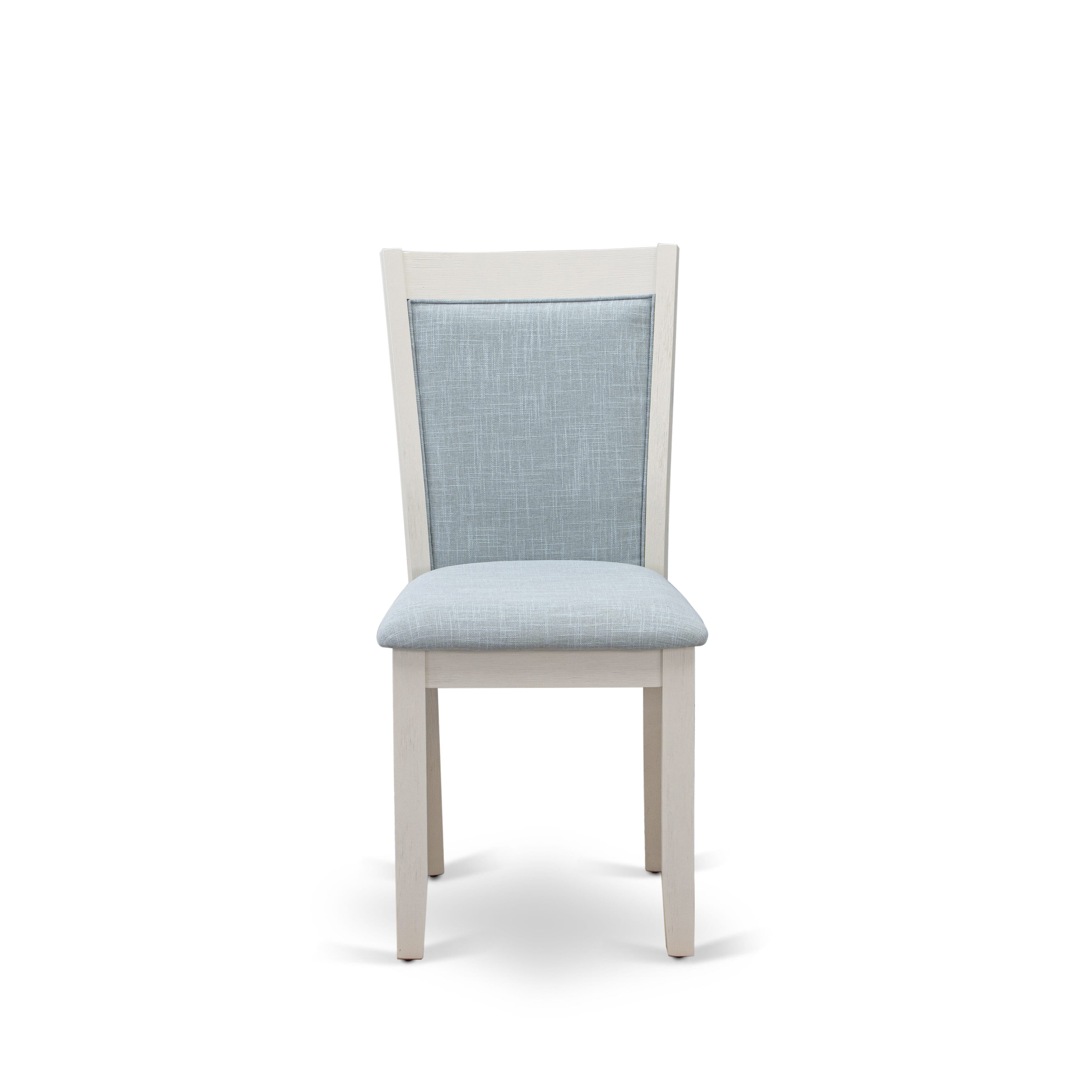 East West Furniture V026MZ015-7 7-Piece Modern Dining Set Contains a Wood Table and 6 Baby Blue Linen Fabric Mid Century Dining Chairs with Stylish Back - Wire Brushed linen white Finish