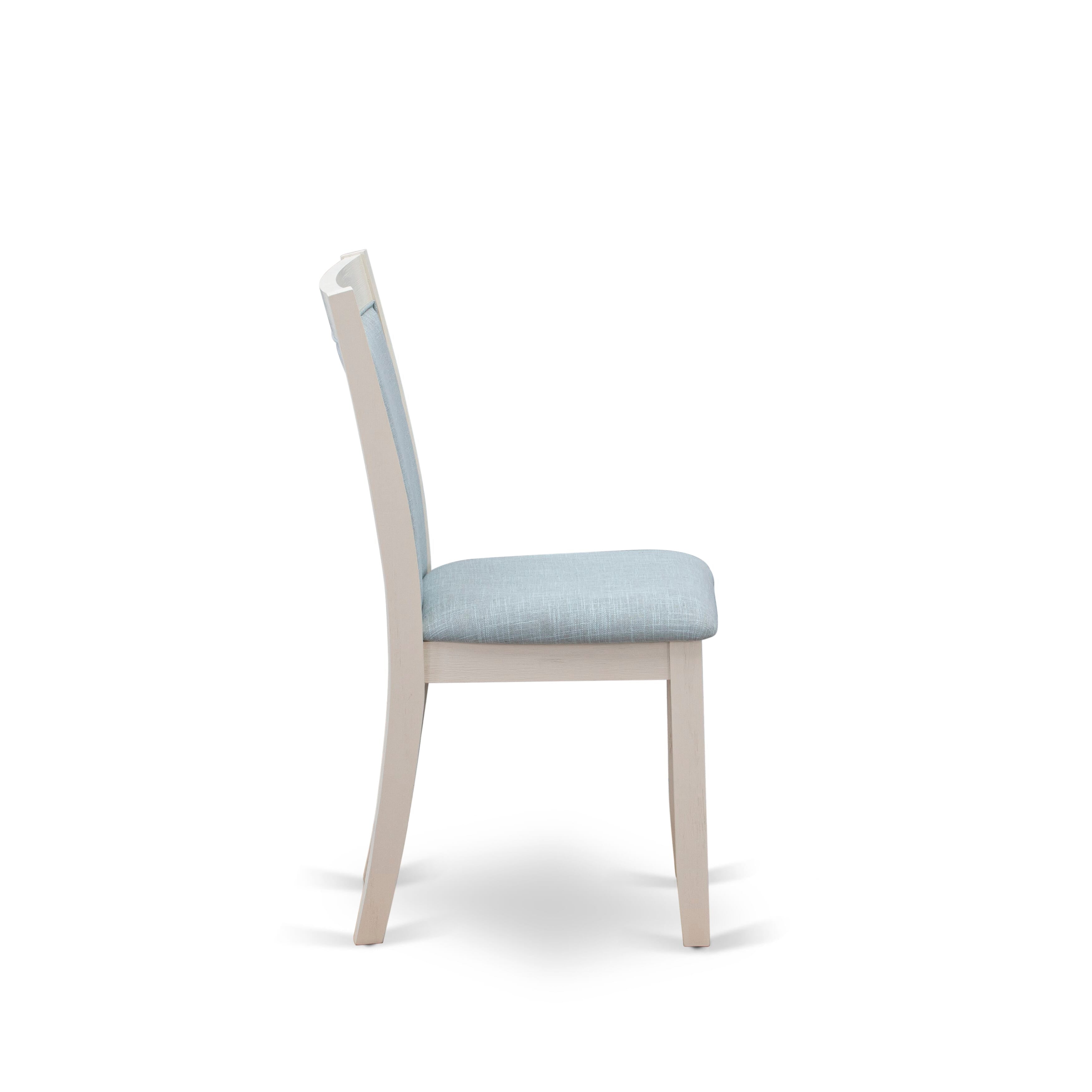 East West Furniture V026MZ015-6 6-Piece Dining Room Set Contains a Wood Table - 4 Baby Blue Linen Fabric Parson Chairs with Stylish Back and a Small Bench - Wire Brushed linen white Finish