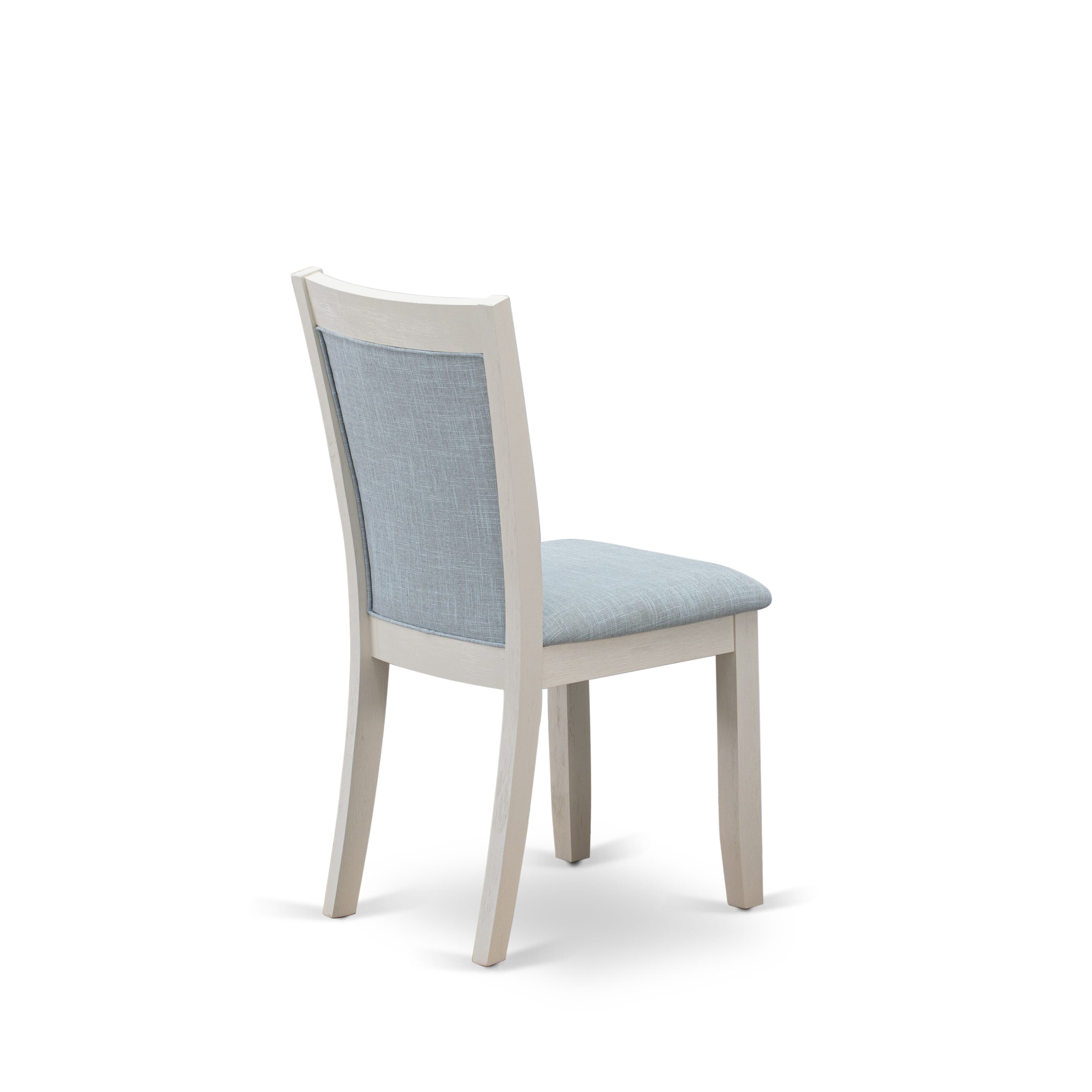 East West Furniture V026MZ015-6 6-Piece Dining Room Set Contains a Wood Table - 4 Baby Blue Linen Fabric Parson Chairs with Stylish Back and a Small Bench - Wire Brushed linen white Finish