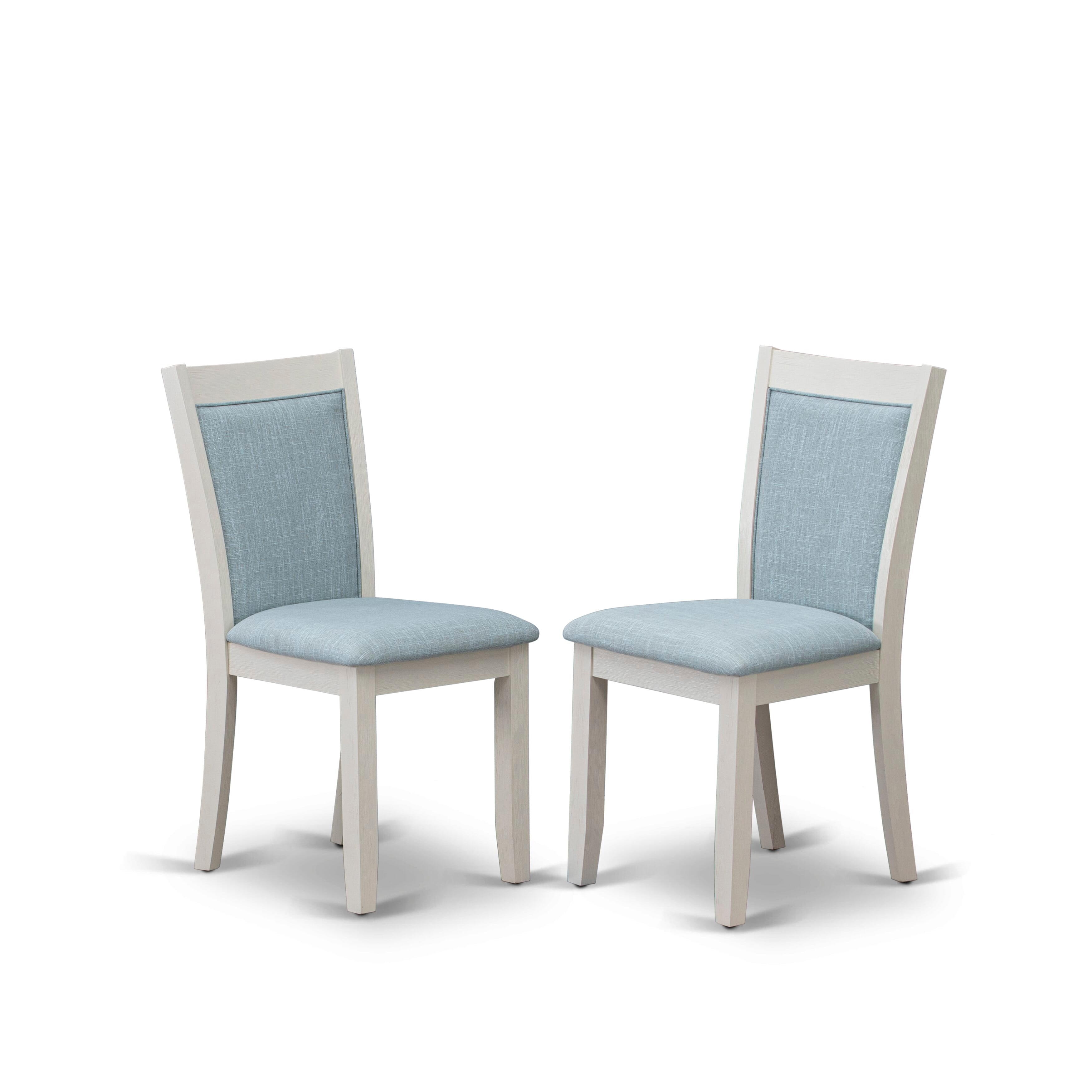 East West Furniture X027MZ015-9 9-Pc Modern Dining Table Set Includes a Wooden Dining Table and 8 Baby Blue Linen Fabric Dinner Chairs with Stylish Back - Wire Brushed linen white Finish