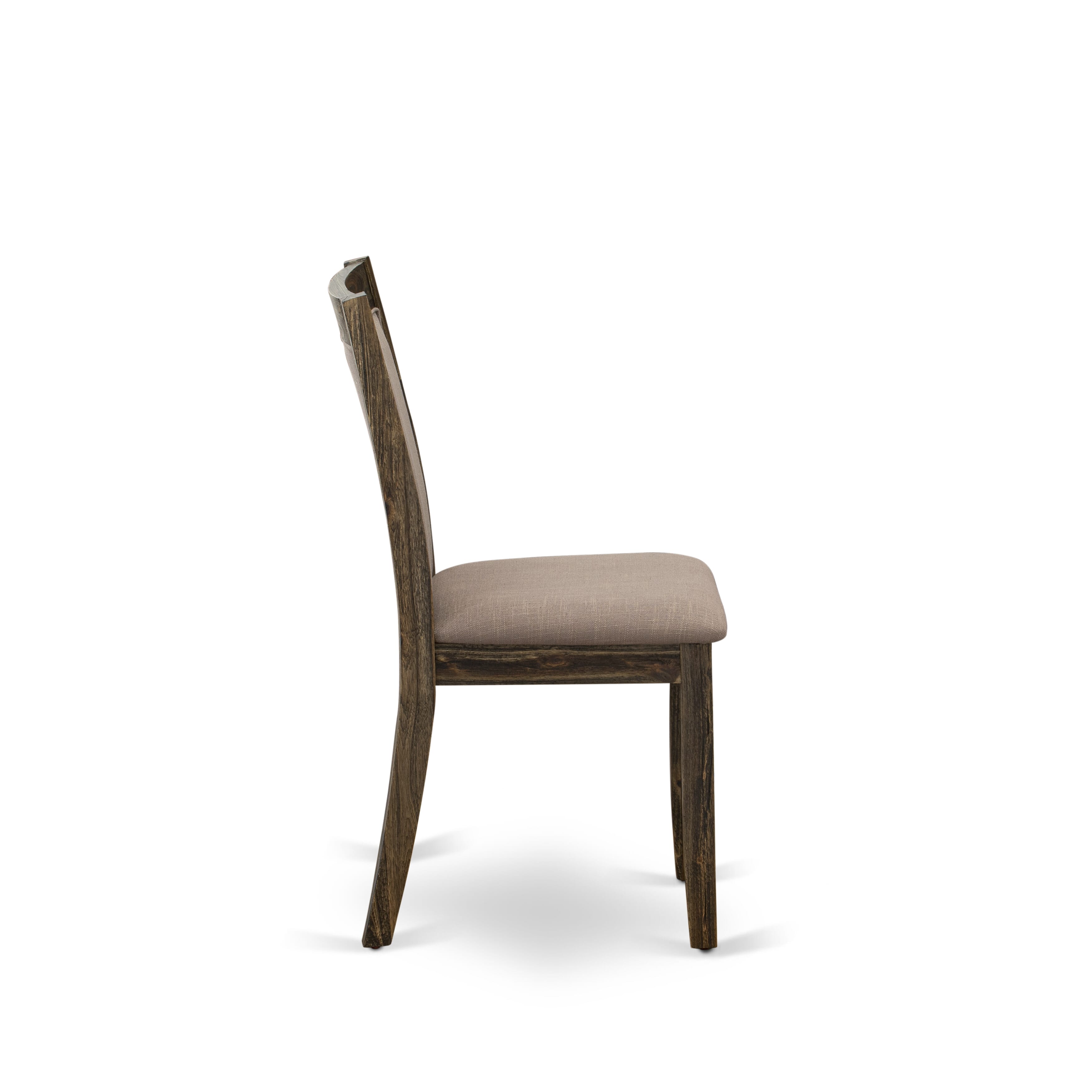 East West Furniture V727MZ748-7 7 Piece Mid Century Modern Dining Set - A linen white Top Kitchen Table with Trestle Base and 6 Coffee Linen Fabric Dinning Chairs - Distressed Jacobean Finish