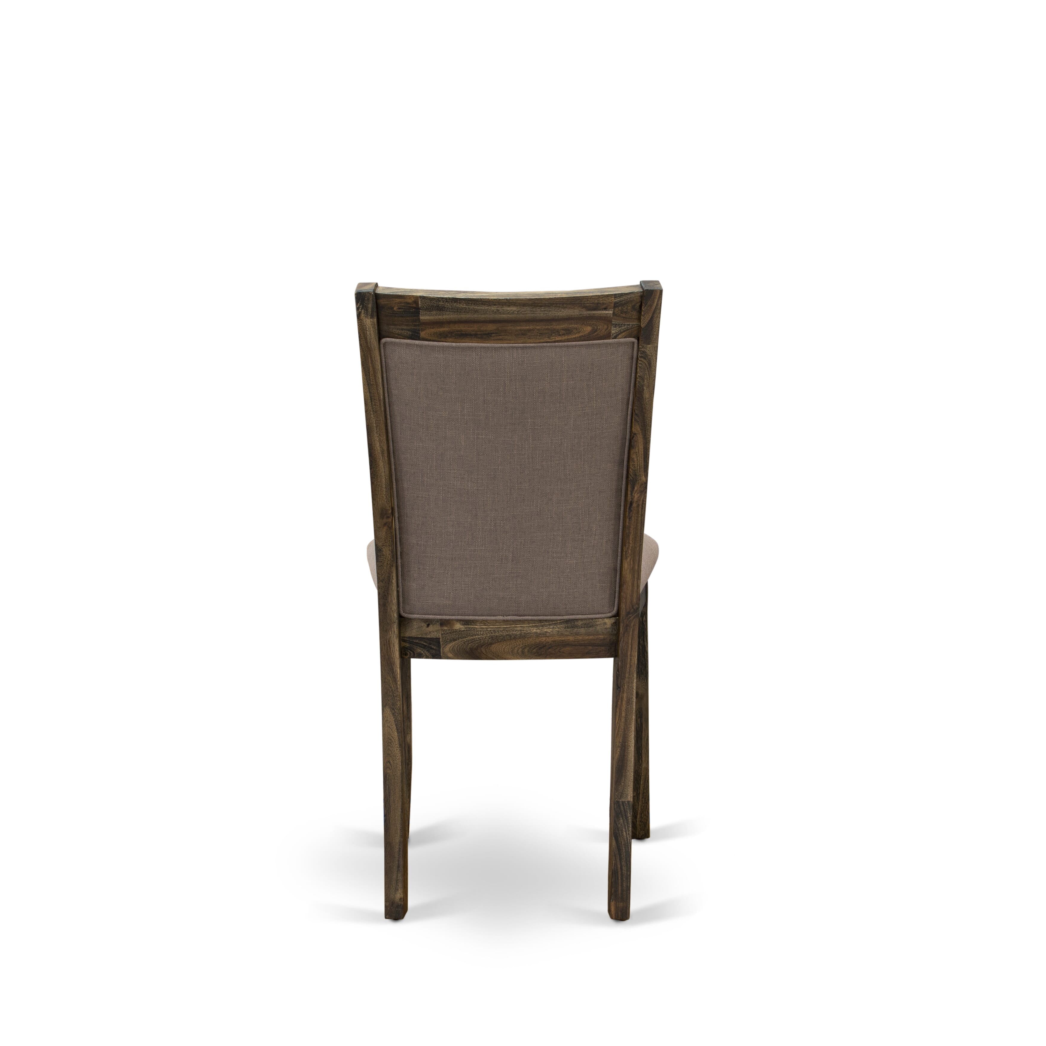 East West Furniture V727MZ748-6 6 Piece Mid Century Dining Set- A linen white Top Dining Table in Trestle Base with Wood Bench and 4 Coffee Linen Fabric Dinner Chairs - Distressed Jacobean Finish