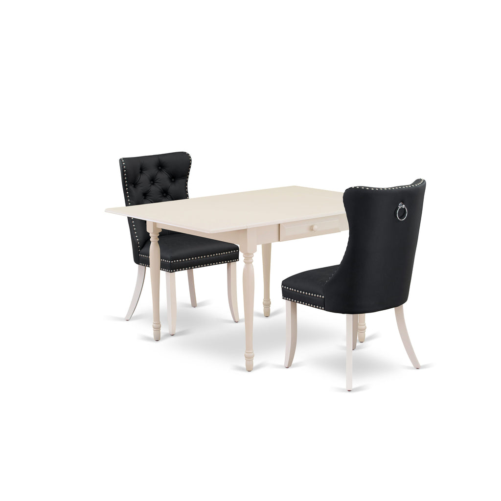 East West Furniture MZDA3-LWH-12 3 Piece Dining Table Set Includes a Rectangle Dinette Table with Dropleaf and 2 Upholstered Parson Chairs, 36x54 Inch, linen white