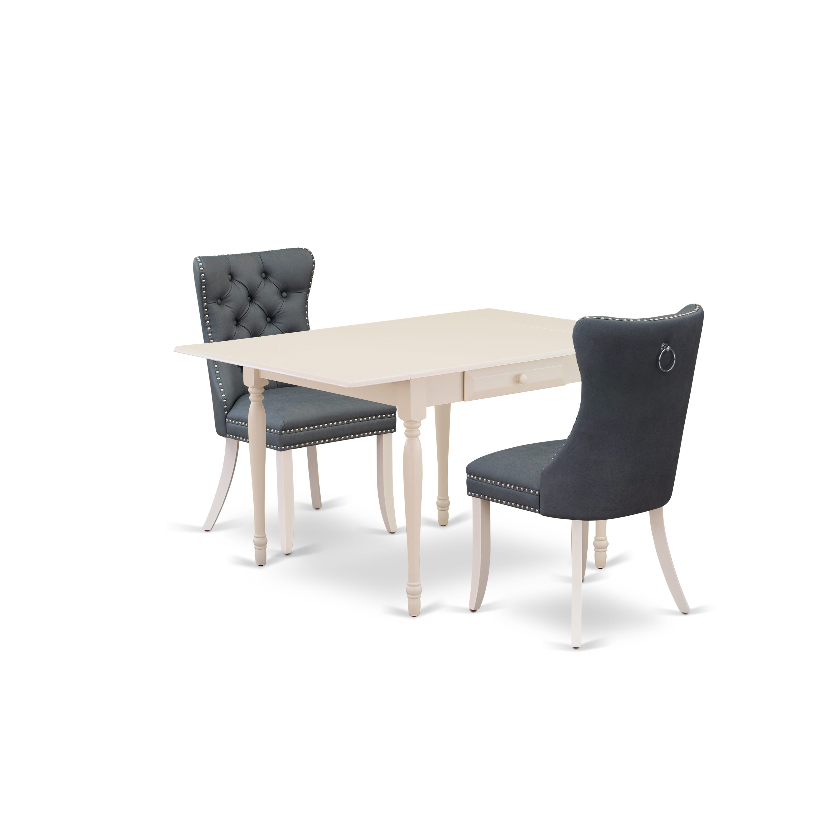 East West Furniture MZDA3-LWH-13 3 Piece Modern Dining Table Set Contains a Rectangle Kitchen Table with Dropleaf and 2 Upholstered Parson Chairs, 36x54 Inch, linen white