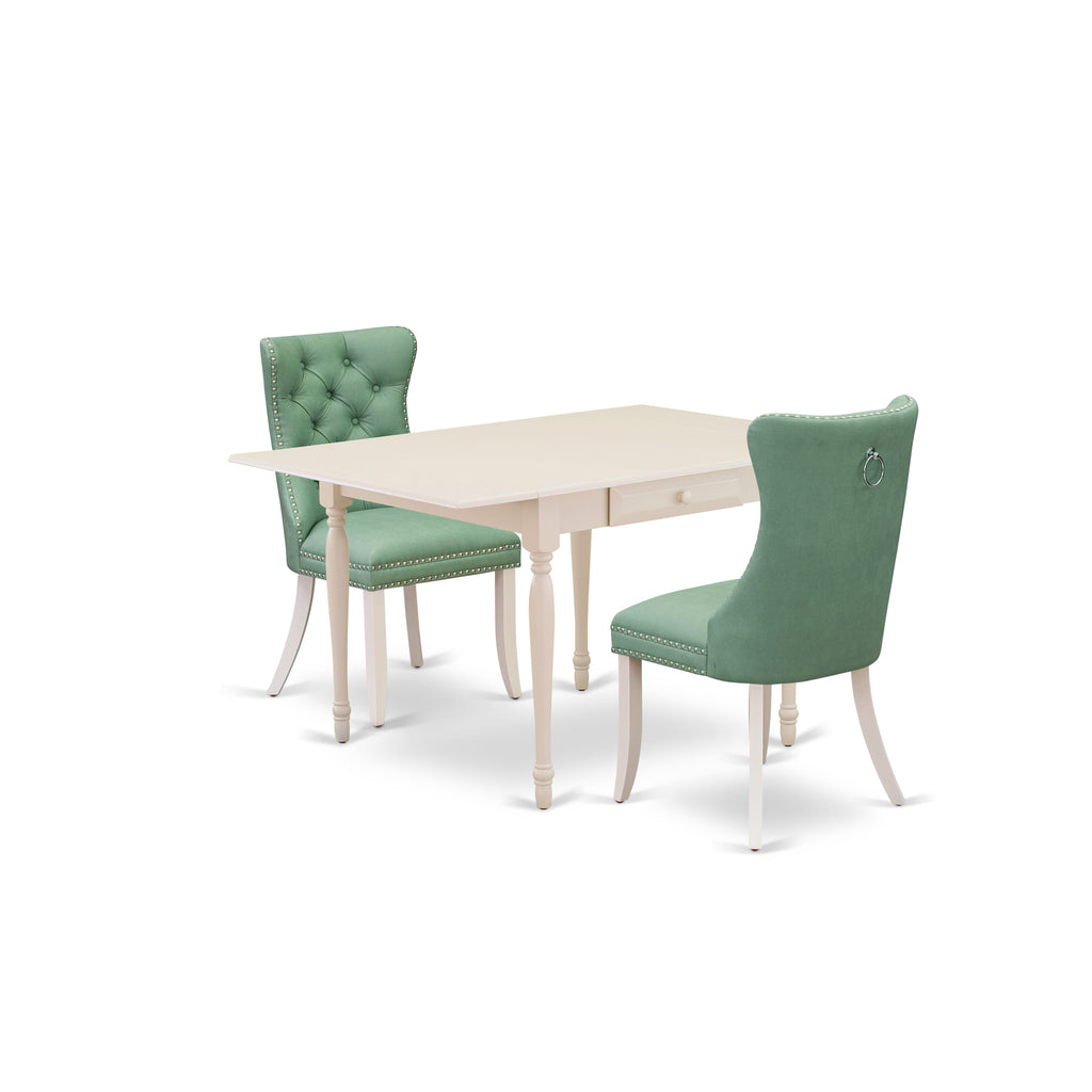 East West Furniture MZDA3-LWH-22 3 Piece Dining Room Furniture Set Includes a Rectangle Kitchen Table with Dropleaf and 2 Upholstered Parson Chairs, 36x54 Inch, linen white