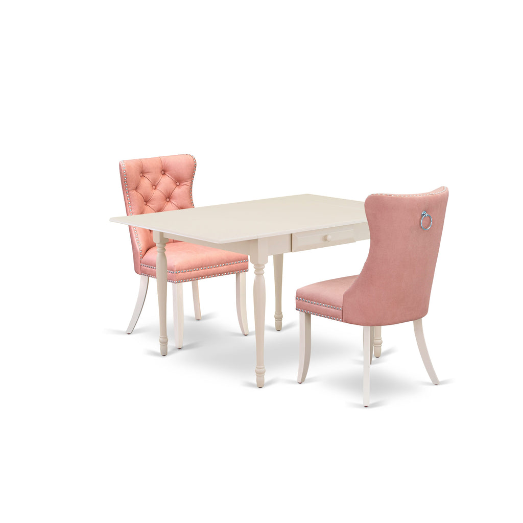 East West Furniture MZDA3-LWH-23 3 Piece Dinette Set Consists of a Rectangle Dining Table with Dropleaf and 2 Upholstered Parson Chairs, 36x54 Inch, linen white