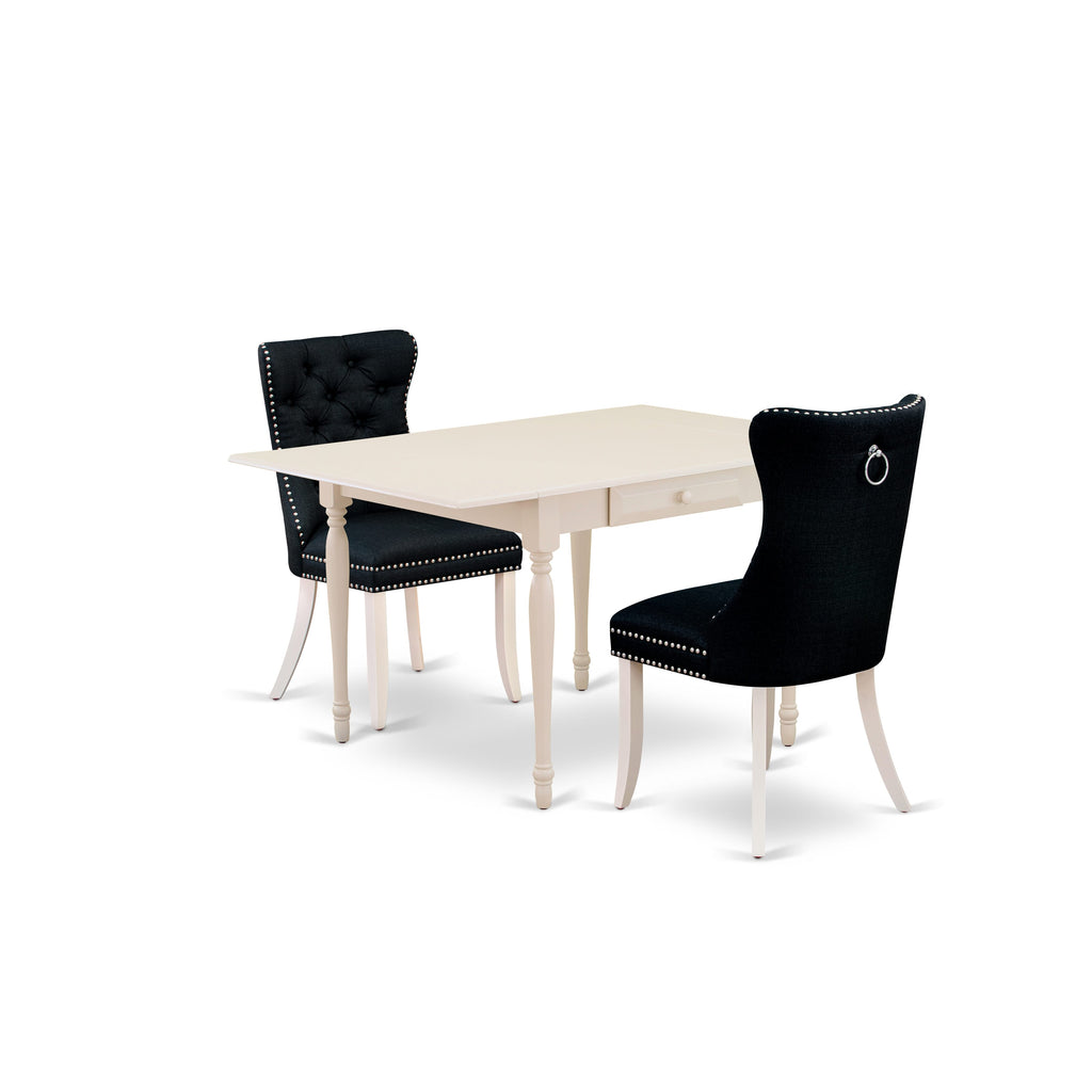 East West Furniture MZDA3-LWH-24 3 Piece Kitchen Table Set Consists of a Rectangle Dining Table with Dropleaf and 2 Upholstered Chairs, 36x54 Inch, linen white