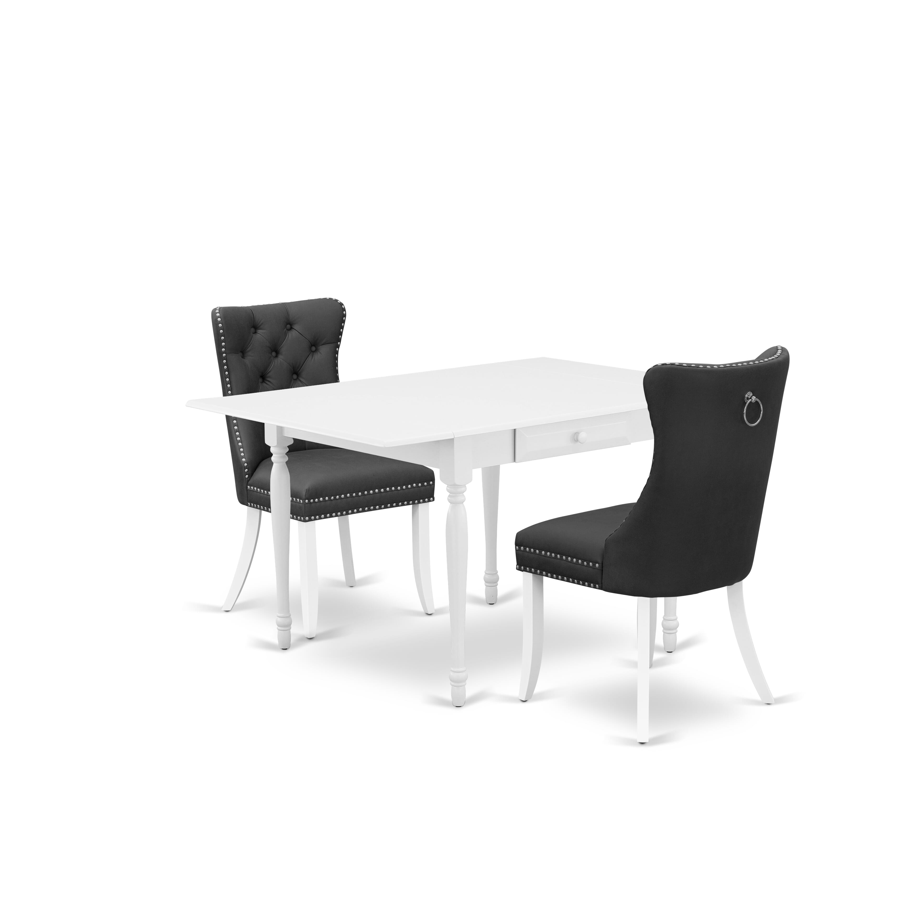 East West Furniture MZDA3-LWH-26 3 Piece Dining Table Set Includes a Rectangle Kitchen Table with Dropleaf and 2 Upholstered Parson Chairs, 36x54 Inch, linen white