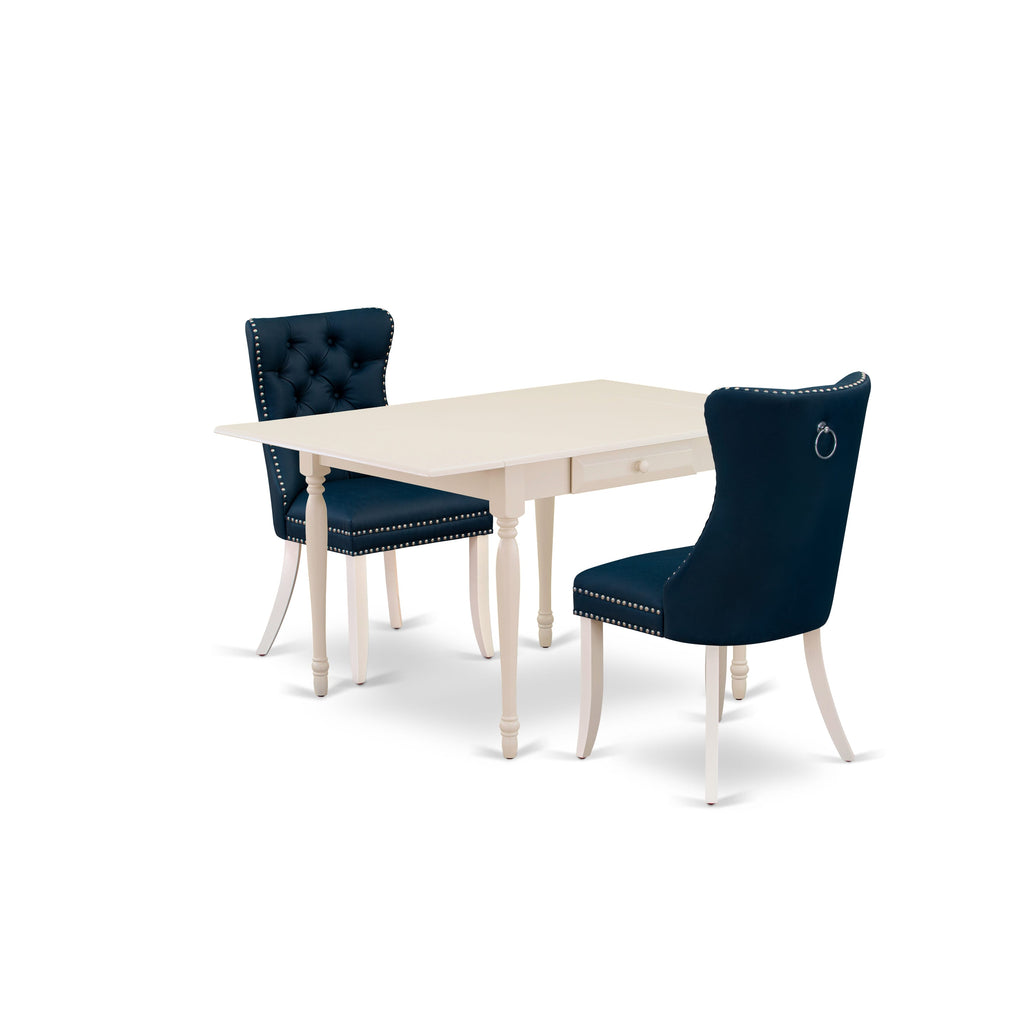 East West Furniture MZDA3-LWH-29 3 Piece Kitchen Table Set Consists of a Rectangle Dining Table with Dropleaf and 2 Upholstered Chairs, 36x54 Inch, linen white