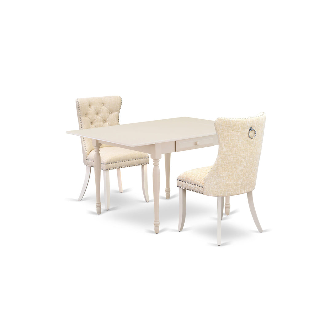 East West Furniture MZDA3-LWH-32 3 Piece Dining Room Furniture Set Contains a Rectangle Kitchen Table with Dropleaf and 2 Padded Chairs, 36x54 Inch, linen white
