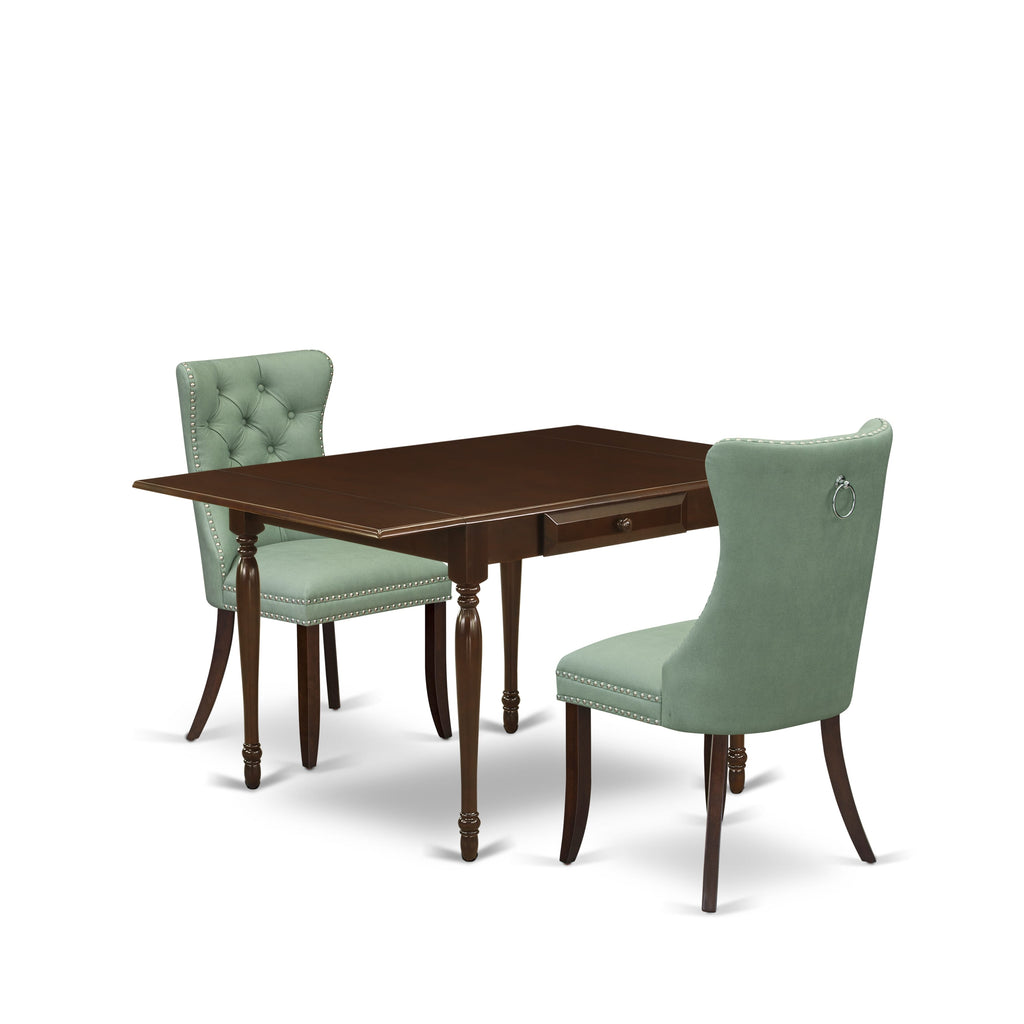 East West Furniture MZDA3-MAH-22 3 Piece Modern Dining Table Set Contains a Rectangle Kitchen Table with Dropleaf and 2 Parson Chairs, 36x54 Inch, Mahogany